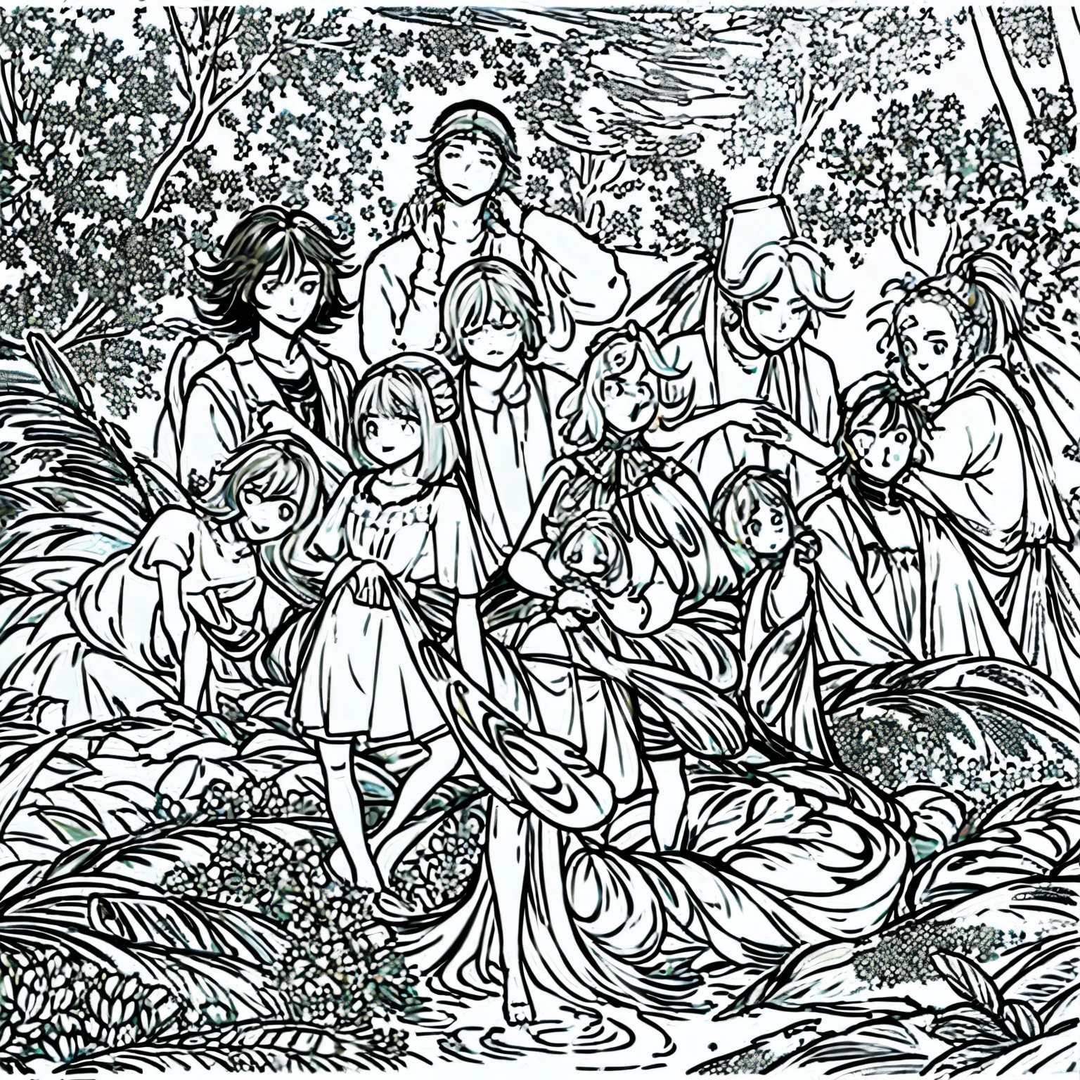 Generate this scene into a drawing: After some time, Sapigao and his family moved down to the village where he saw a virgin forest with abundant water, very fertile soil and plenty of wild life. They noticed a wild plant abundant in the place with long wide leaves, with stick-like stem that bears fruit from its roots and other varieties bears fruits from its tip and it can be eaten raw. These plants served as their food until the couple were blessed with six (6) children namely: Jose, Placido, Toladio, Genia, Coldona and Manay.
