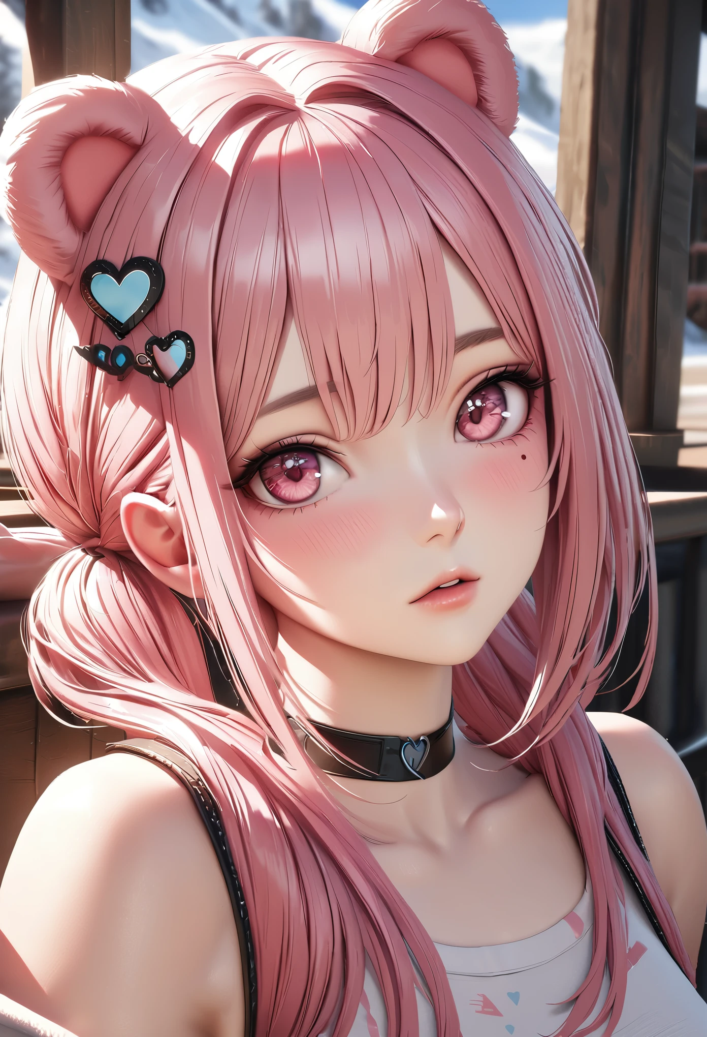 Top quality, best quality, super detailed, hi-res, high resolution, HDR, 4k, 8k, unity 8k wallpaper, highly detailed CG, masterpiece, realistic, photorealistic, 2D, 3D, beautiful details, depth, fine textures , ultra-fine: 1.3, fully focused, crispy.ski, .berak,
Very cute anime girl with pigtail hair in a pink bun wearing high , one girl, solo, pigtail hair in a pink bun, animal ears, bear ears, mole under the eye, looking at the viewer , high , blush, mole, bear ears, parted lips, hair ornament, heart, pink eyes, choker