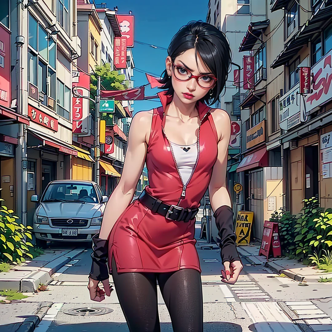 (1girl, solo, alone), (WakatsukiRisa, Sarada Uchiha, black hair, short hair, black eyes, red glasses), ((solo, (1woman, ((small bust)), pink lipstick, black eyes), Extremely detailed, ambient soft lighting, 4k, perfect eyes, a perfect face, perfect lighting, a 1girl)), ((fitness, shapely body, athletic body, toned body)), ((intimidating looks, intimidating expression, red dress, white top, white sports top, black belt, pantyhose, black shoulder straps, earrings, buckle belt, city background, abandoned city, in the sock from the street, city taken over by nature))