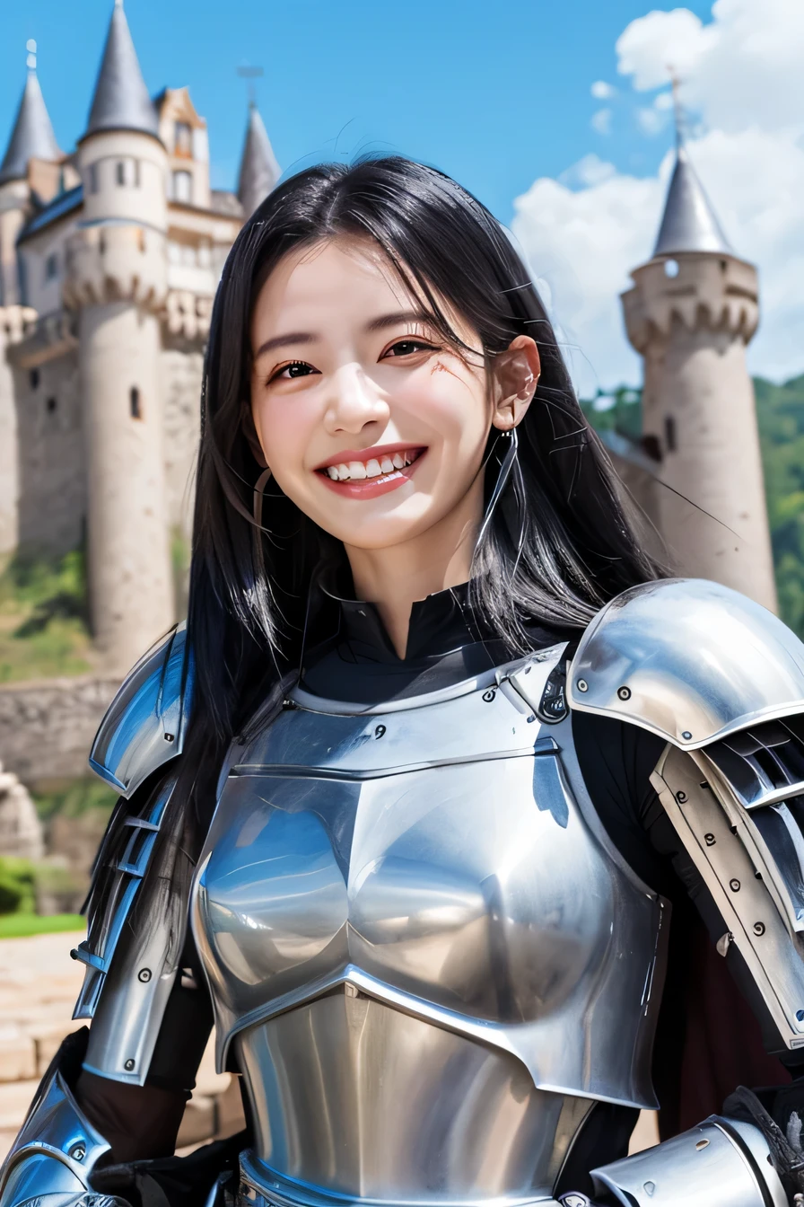 ８Ｋ、highest quality、female knight、The background is a castle、Luxurious Silver Armor、heavy equipment、black hair、hairstyle shortcut、smile、beautiful teeth、full body photo、ear piercing)), (