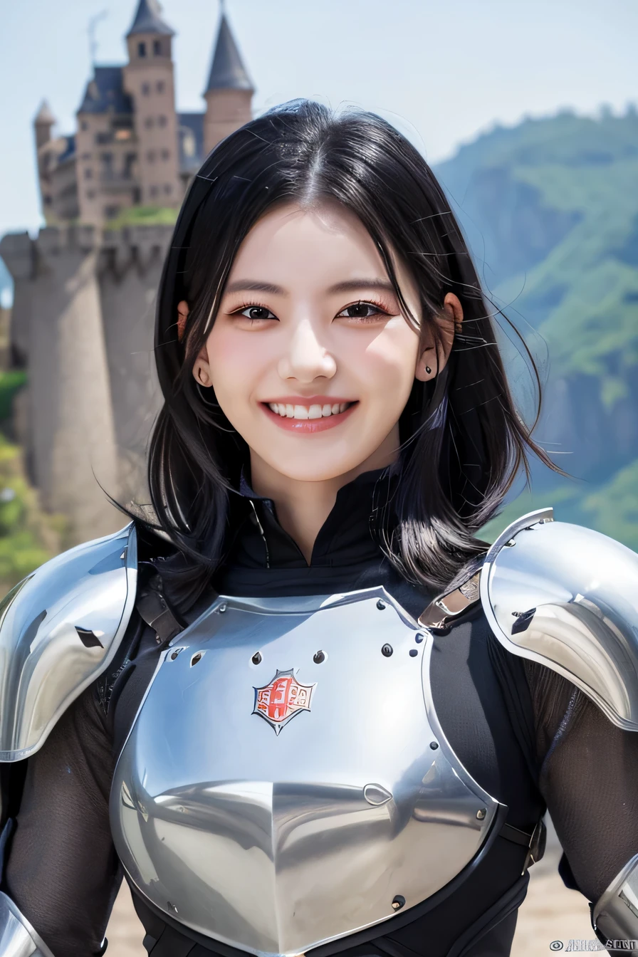 ８Ｋ、highest quality、female knight、The background is a castle、Luxurious Silver Armor、heavy equipment、black hair、hairstyle shortcut、smile、beautiful teeth、full body photo、ear piercing)), (