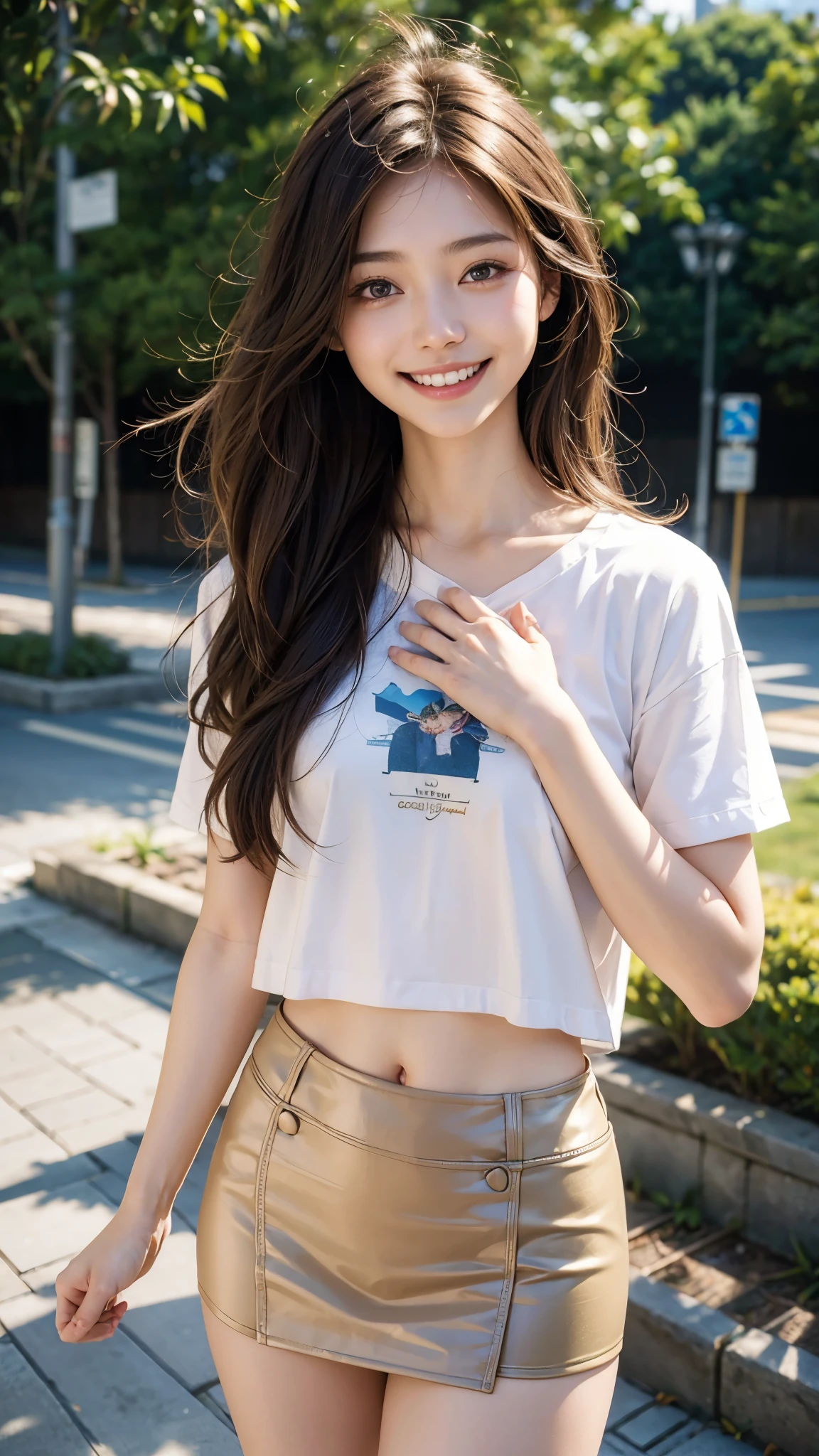 高いest quality, masterpiece, ultra 高い resolution, (realistic:1.4), 20-year-old,1 girl,Super 高い quality,8K,thinウエスト,thin脚,thin and beautiful arms,beautiful fingers,sale eye makeup,thin,Medium chest,soft chest,mini skirt,brown long hair,thinジャケット,realistic,picture media chest)),((toothy smile)),((big smile))