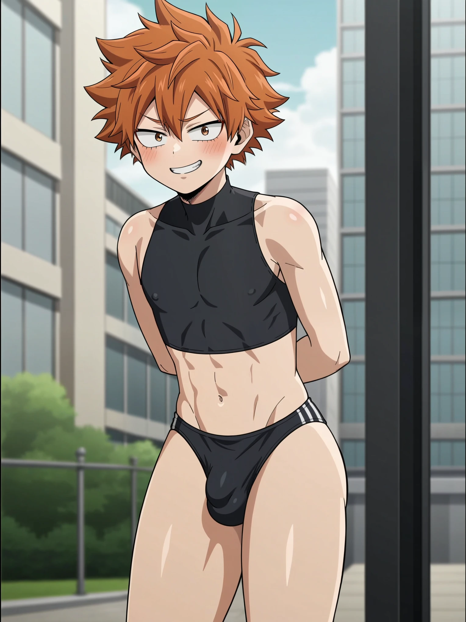 source_anime,score_9,score_8_up,screencap, anime screencap, BREAK, 1boy, shota, femboy, deku, my hero academia, mha, smug, shy embarrassed, bulge, huge erection, erection, gay, yaoi, otoko no ko, solo, crop top, exposed thighs, thick thighs, ginger hair 