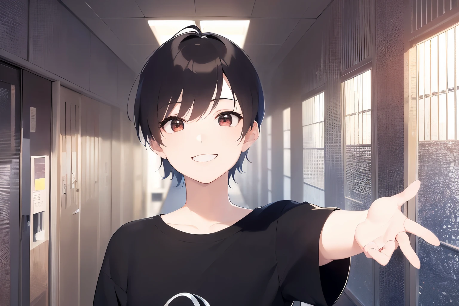(outstretched arms:1.3), selfie, Upper Body, Realistic, real person, RAW photo, photorealistic, portrait photography, shining screen, masterpiece、highest quality、(25 year old male:1.5) and (brown short hair) and (red eyes), Wearing a plain black T-shirt、Are standing、(smile:1.5)、open mouth, Background is a school hallway、(Alone:1.5)