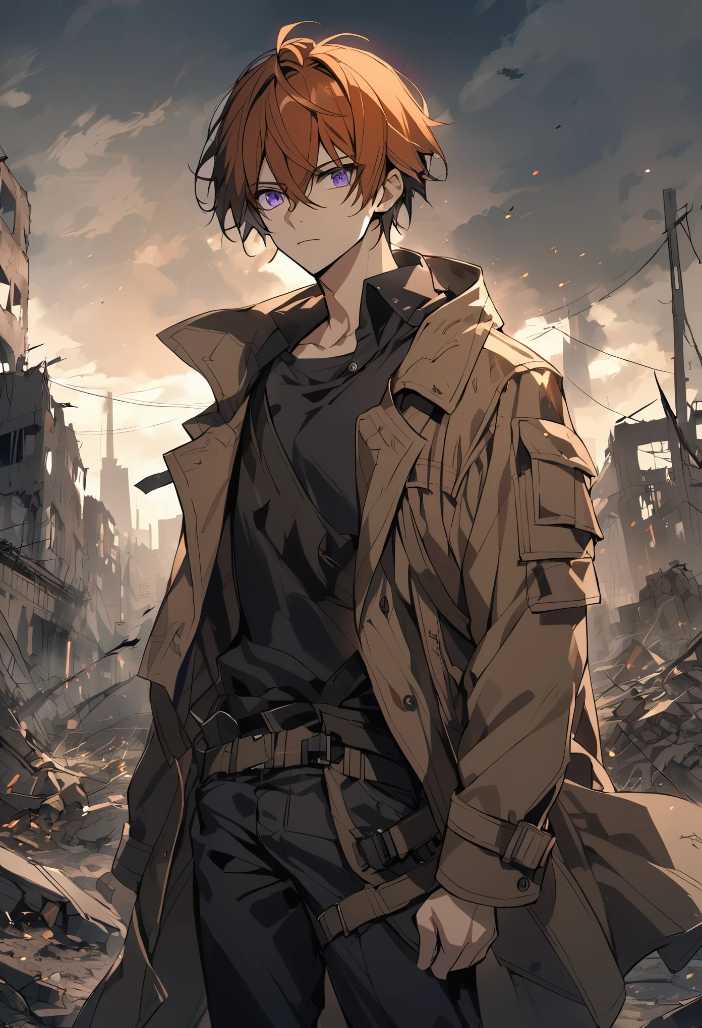 Handsome, solo, male, short hair, dark orange hair, purple eyes, apocalypse, post apocalypse, ruins, black shirt, black pant, brown coat