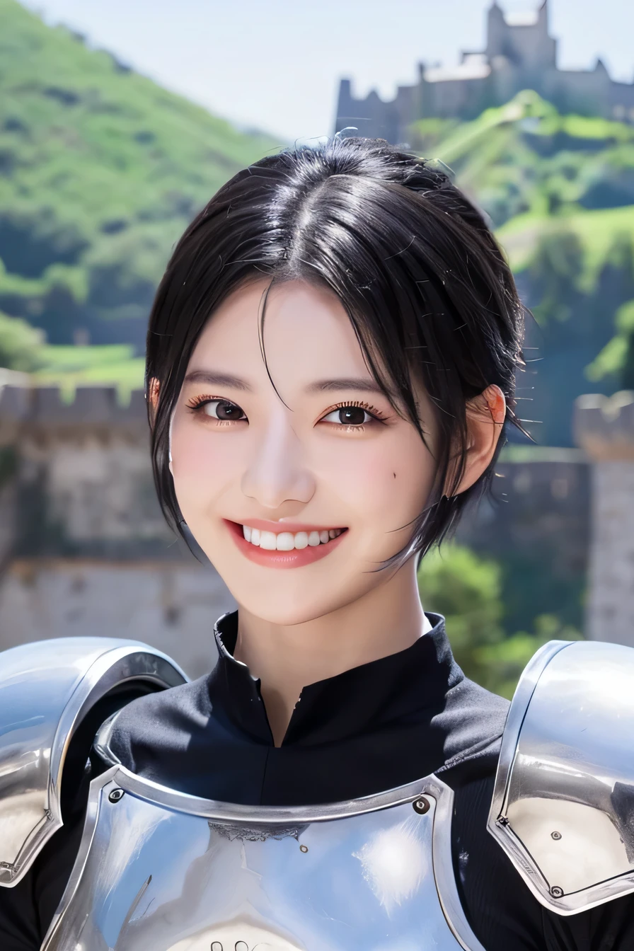 8K、highest quality、female knight、The background is a castle、Luxurious Silver Armor、heavy equipment、black hair、hairstyle short cut、smile、beautiful teeth、full body photo、ear piercing)),