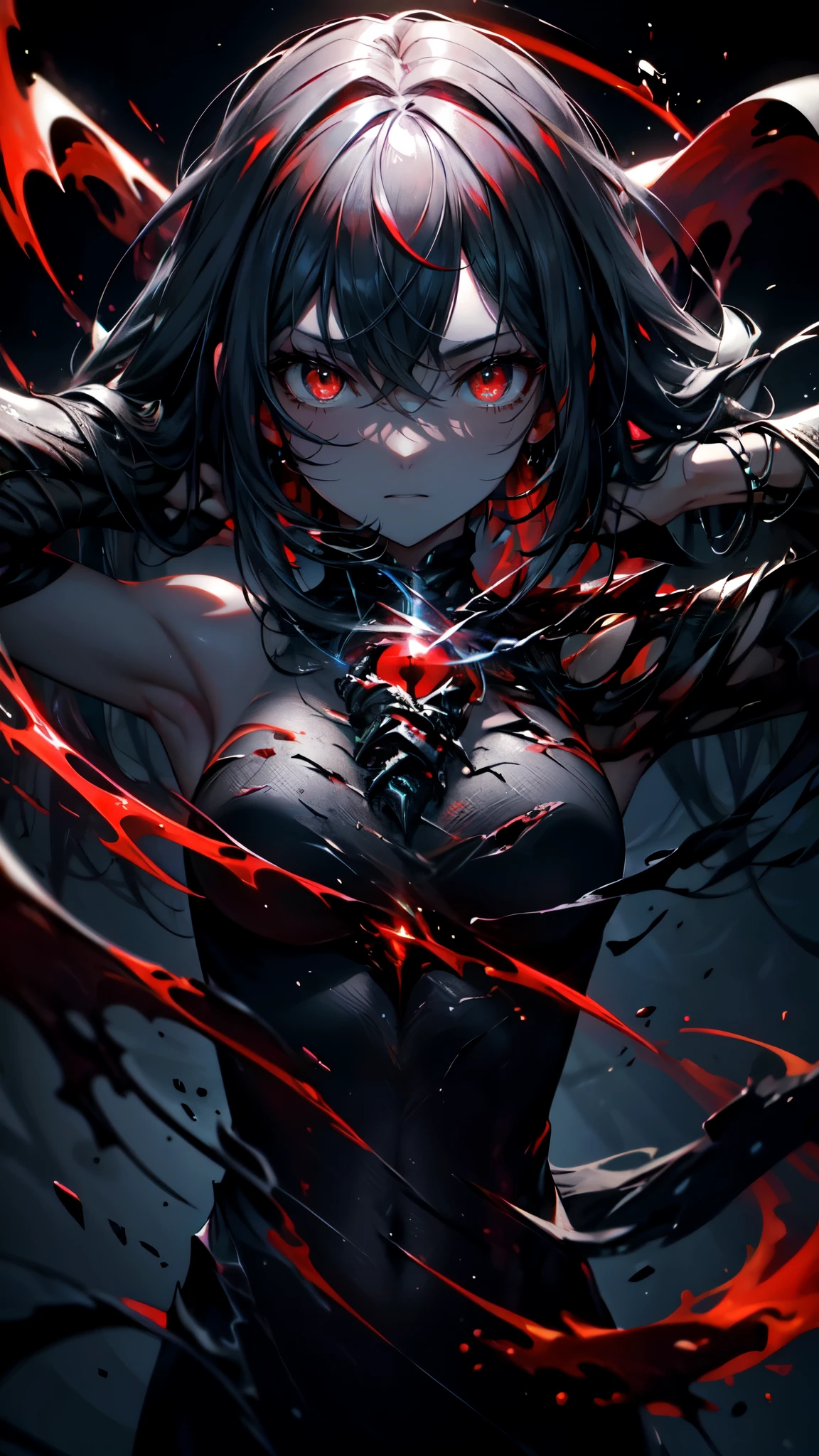 anime girl With red eyes and black hair with a black dress, Devil Anime Girl, With eyes that glow red, everyone, Red eyes glow, With red eyes, Beautiful and detailed anime art, Wicked smile and glowing eyes, Detailed digital anime art, Detailed Key Anime Art, Vampire Girl, Gap Moe Yandere Grimdark, Anime Monster Girl