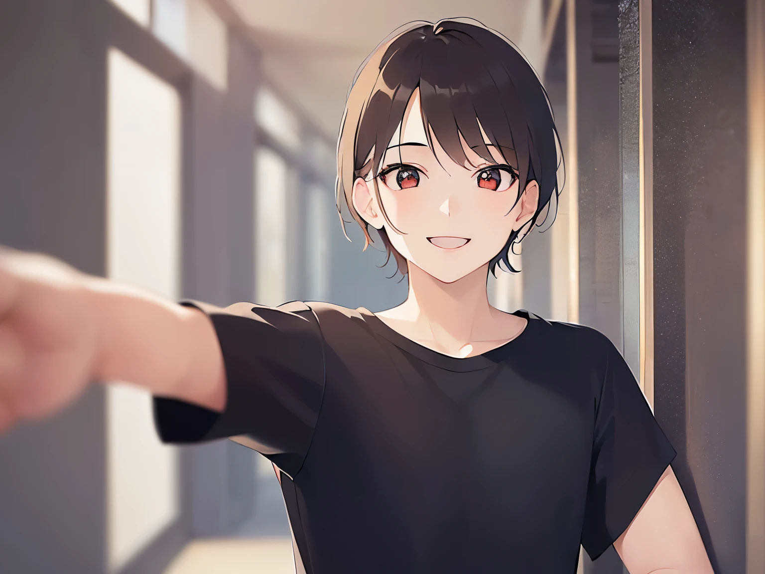 (outstretched arms:1.3), selfie, Upper Body, Realistic, real person, RAW photo, photorealistic, portrait photography, shining screen, masterpiece、highest quality、(25 year old male:1.5) and (Short brown hair and (red eyes), Wearing a plain black T-shirt、Are standing、(smile:1.5)、open mouth, Background is a school hallway、(Alone:1.5)
