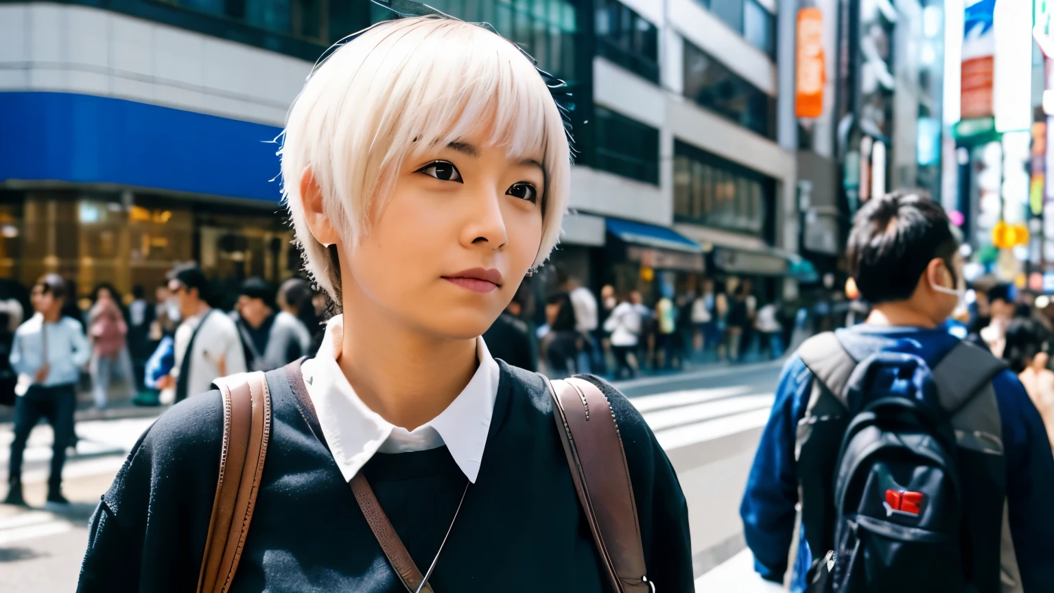 uma jovem japonesa de 15 anos, com cabelos curtos, seios grandes andando pelas ruas de tokyo usando uma mini saia