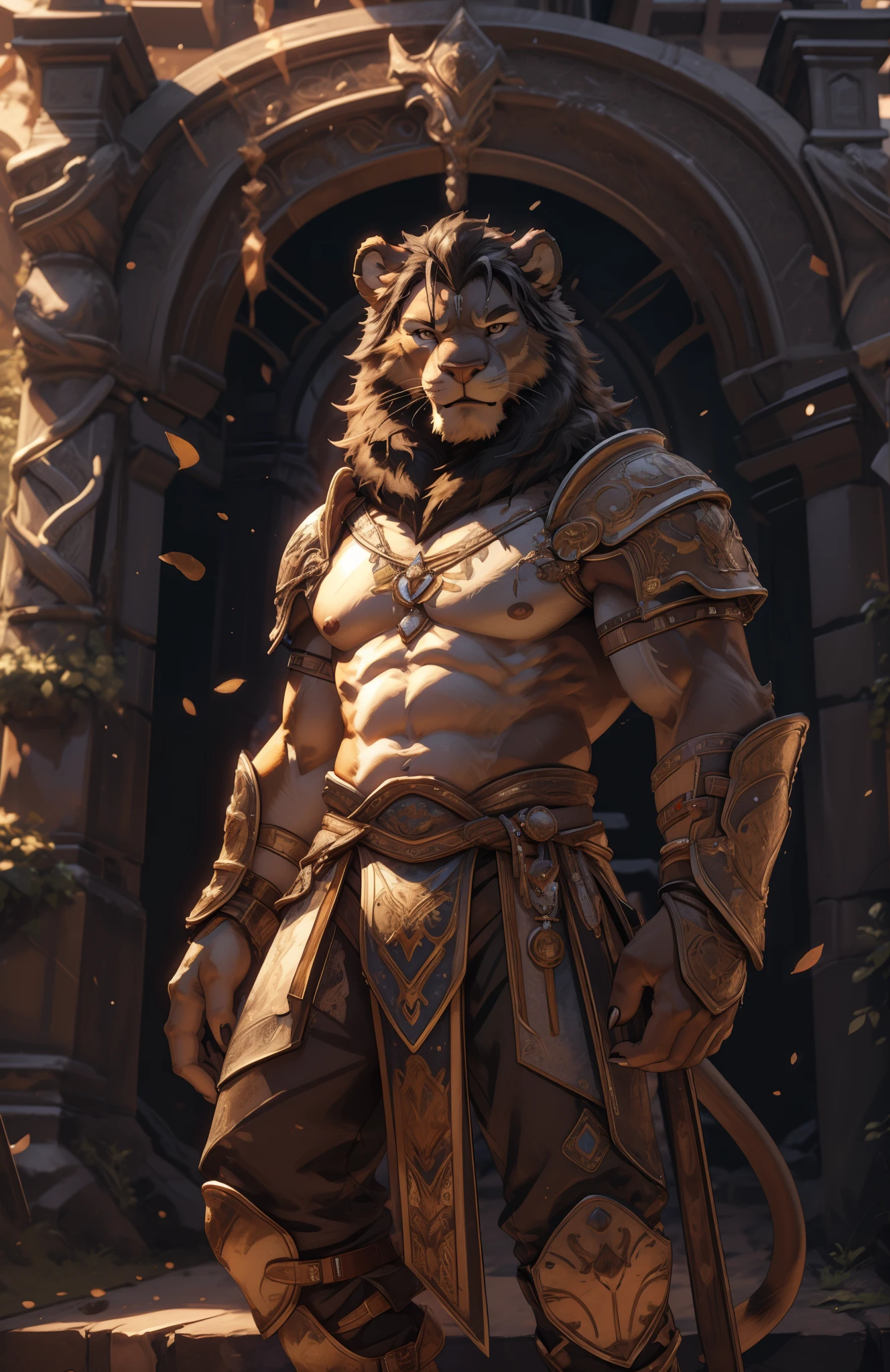 A Lion in a roman costume standing in front of a building, male warrior, muscular, gladiator armor, SFW, Sexybody, anthropomorphic, extra detailed body, detailed body, Best quality, masterpiece, ultra high res,detailed background,realistic, real shadow and light,depth of field, (View from beside ), details skin, fluffy, confident face, bad boy, sweaty, bulge, Lion