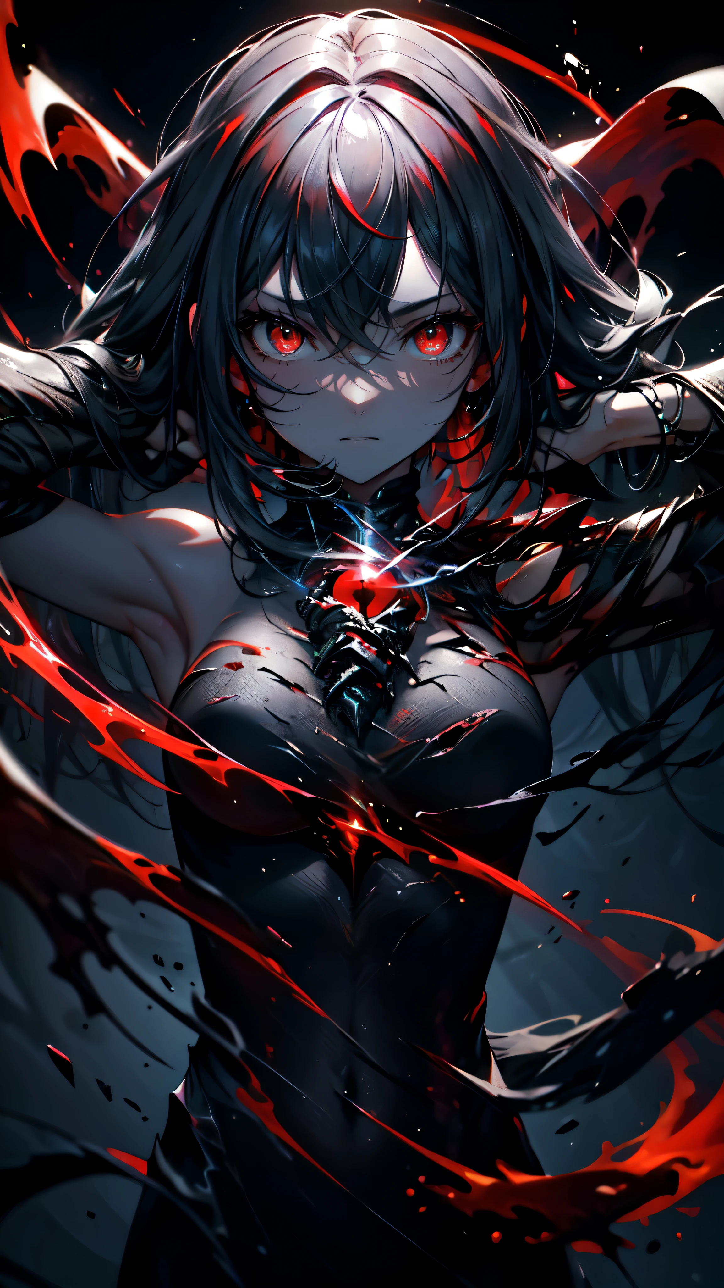 Masterpiece, Best quality, High quality,(A dark invisible creature,It has a dark red glow and red eyes,Surrounded by darkness:1.2), abstraction, abyssal, award winning photography, Depth of field, hdr, Extremely detailed, trending on artstationh, trending on CGSociety, Intricate, High detail, full body,half naked, detailed face, detailed eyes, detailed hands, neon red colored eyes