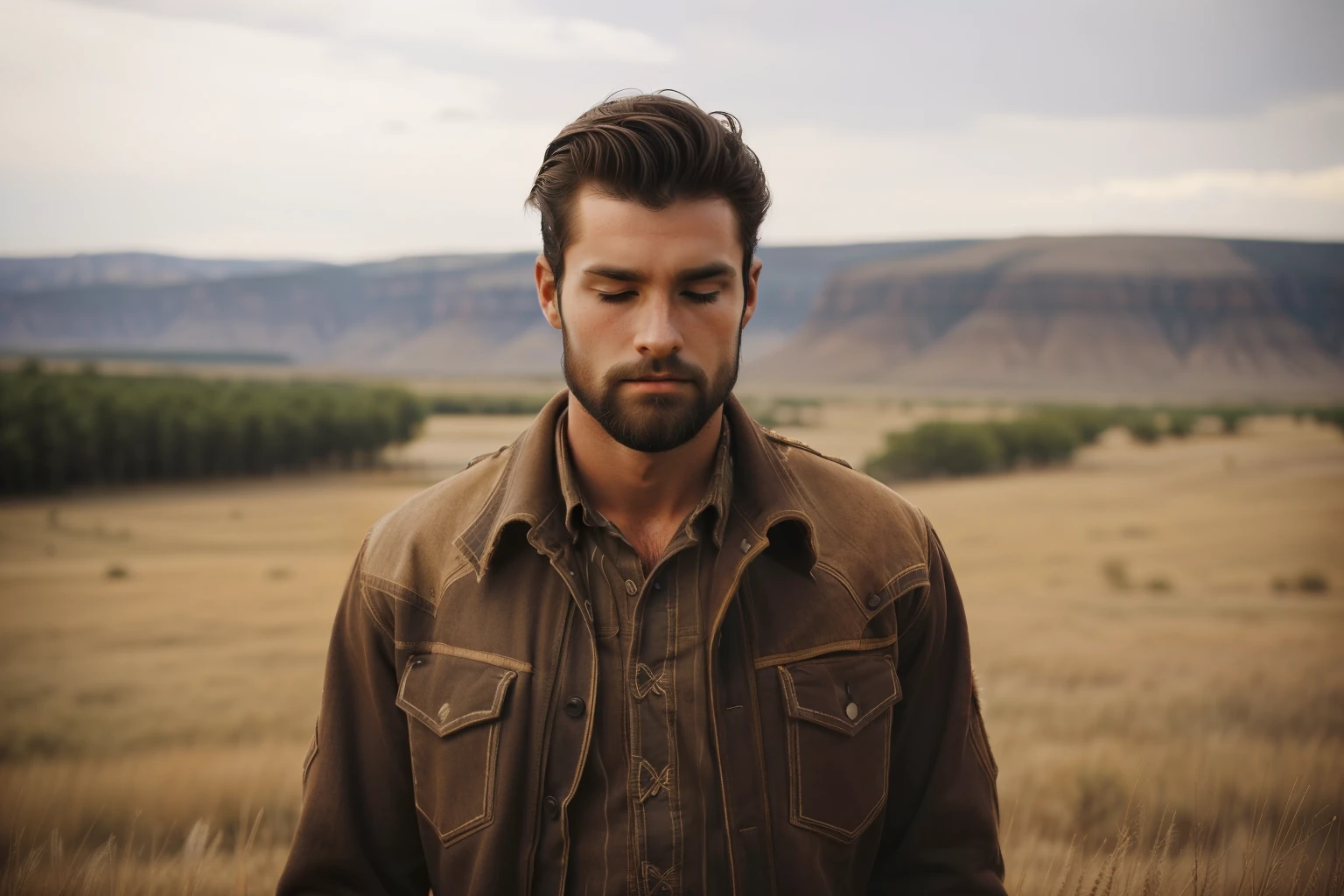 Little Wing, Wisconsin, 2014. A young ((((30-year-old)) Ronny Taylor)), ruggedly handsome, muscular build, rugged features, intense and focused eyes, determined, resilient, extended arms, closed eyes, face to the wind. ((((western clothings from the 2010s)))), ((hairstyle of the 2010s))