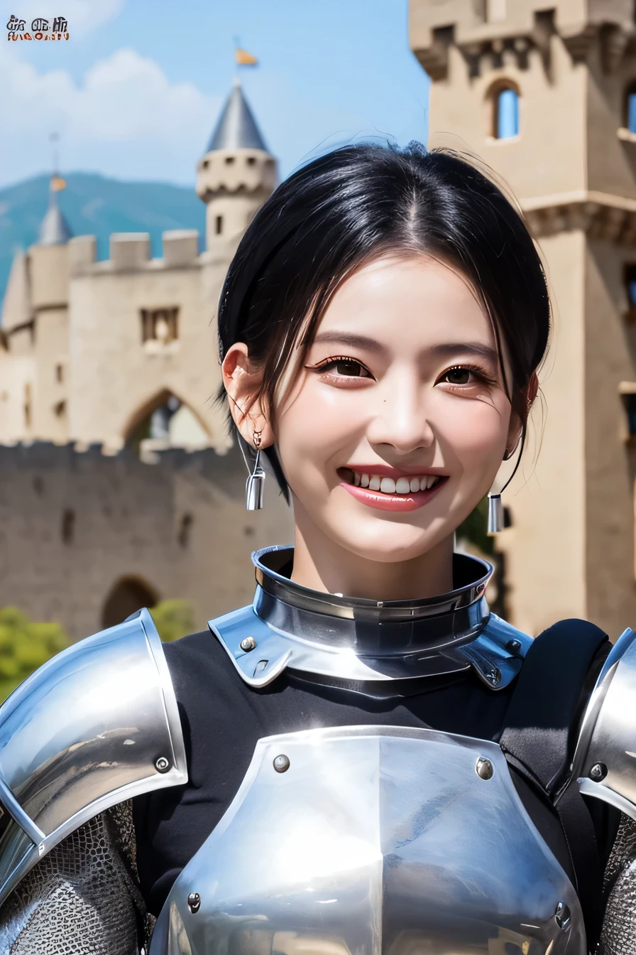 8K、highest quality、female knight、The background is a castle、Luxurious Silver Armor、heavy equipment、black hair、hairstyle short cut、smile、beautiful teeth、full body photo、ear piercing