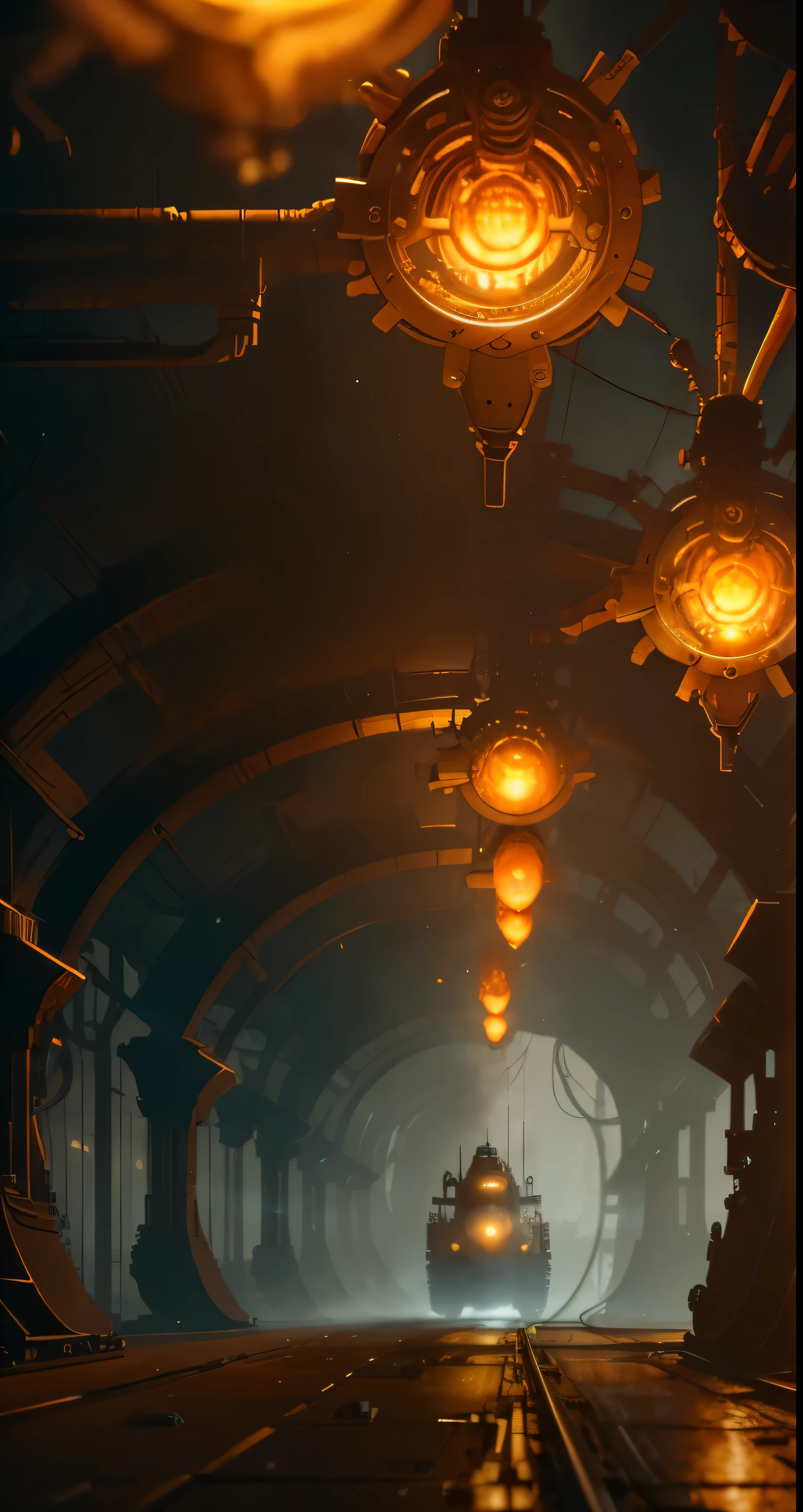 In an intricately detailed dieselpunk world, a masterpiece steams to life before your eyes. The atmospheric volumetric fog casts a mysterious and otherworldly glow, illuminated by the sharp focus of cinematic lighting. The image, rendered in 8k HDR, serves as a stunning wallpaper with a best quality resolution of 1.4.
At the heart of this illustration lies a colossal machine, its gears and steam pipes intricately woven together. The once cold and metallic machinery glows with an ethereal light, casting long, dynamically shifting shadows on the grungy concrete ground below. Dust particles dance in the