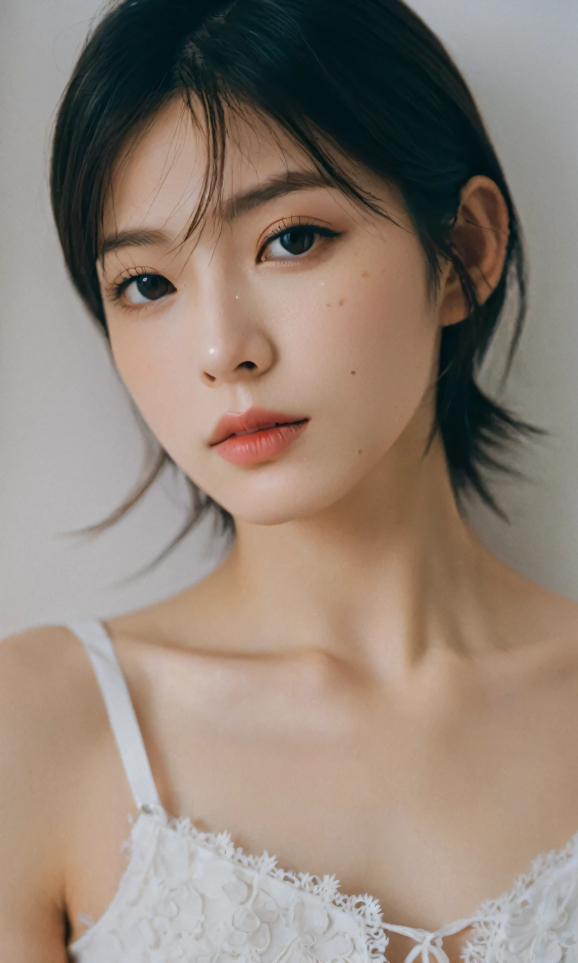 xxmixgirl,Thorough, analog style, eye focus, highest quality, (highly detailed skin), photo of a exquisitely beautiful pale skin, 21yo, perfect face, alluring eyes, (seductive makeup), skin pores, indoor, messy bedroom, (bokeh:1.2), sharp focus, dappled lighting, (backlighting), film grain, photographed on a Sony A7R IV, 18mm F/1.7 cine lens, (highly detailed, intricately detailed), 8k, HDR, seductively posing, front view, (uppper body: 1.2), studio light, Ultra-detailed face, Detailed eyes, Double eyelid, alice toggle, brown eye, (commercial: 1.4), doll face, white studio background, (Pretty woman with emphasizing slender abs :1.3), (white oversized tank top :1.2), (close up)