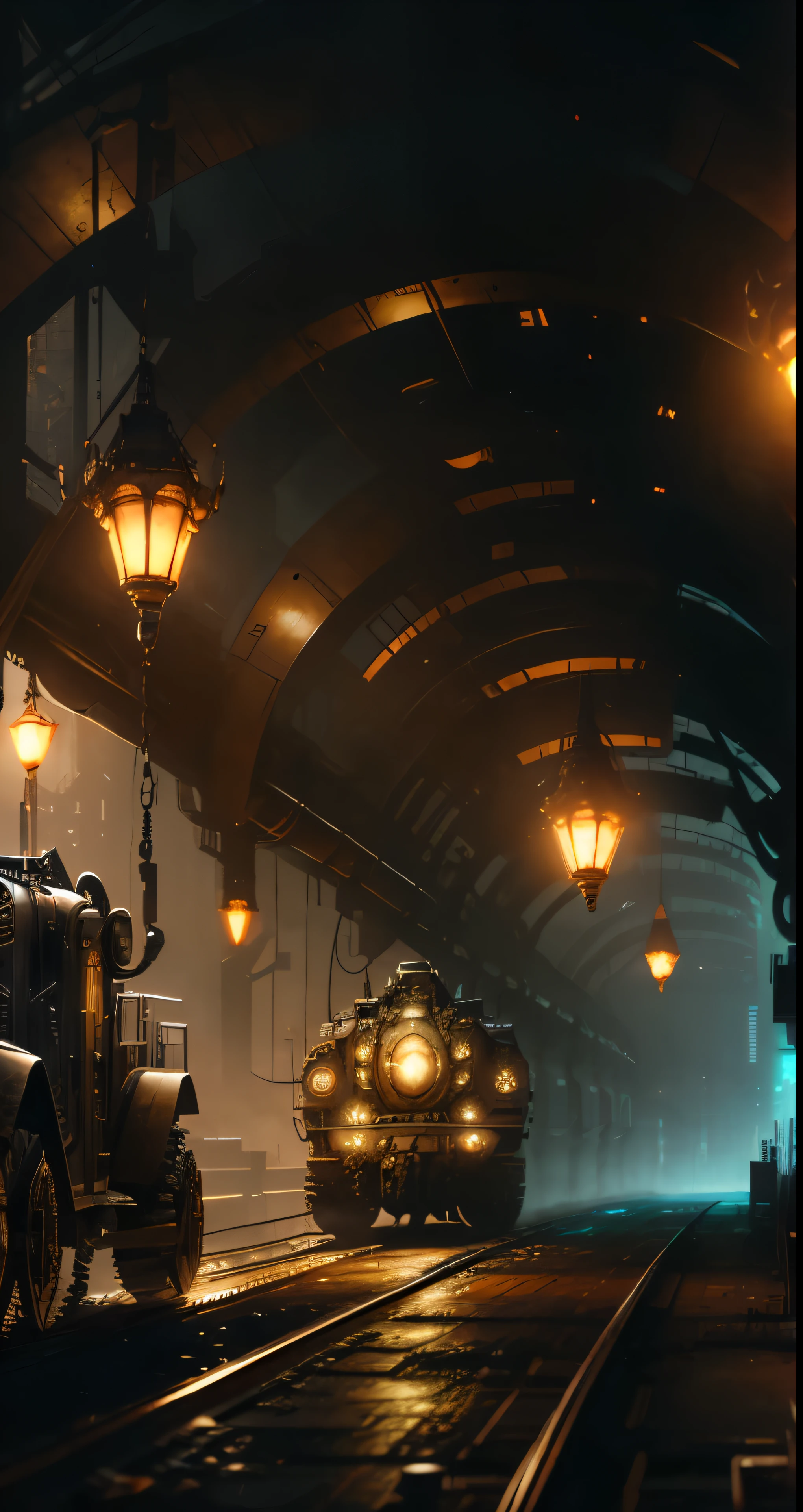 In an intricately detailed dieselpunk world, a masterpiece steams to life before your eyes. The atmospheric volumetric fog casts a mysterious and otherworldly glow, illuminated by the sharp focus of cinematic lighting. The image, rendered in 8k HDR, serves as a stunning wallpaper with a best quality resolution of 1.4.

At the heart of this illustration lies a colossal machine, its gears and steam pipes intricately woven together. The once cold and metallic machinery glows with an ethereal light, casting long, dynamically shifting shadows on the grungy concrete ground below. Dust particles dance in the