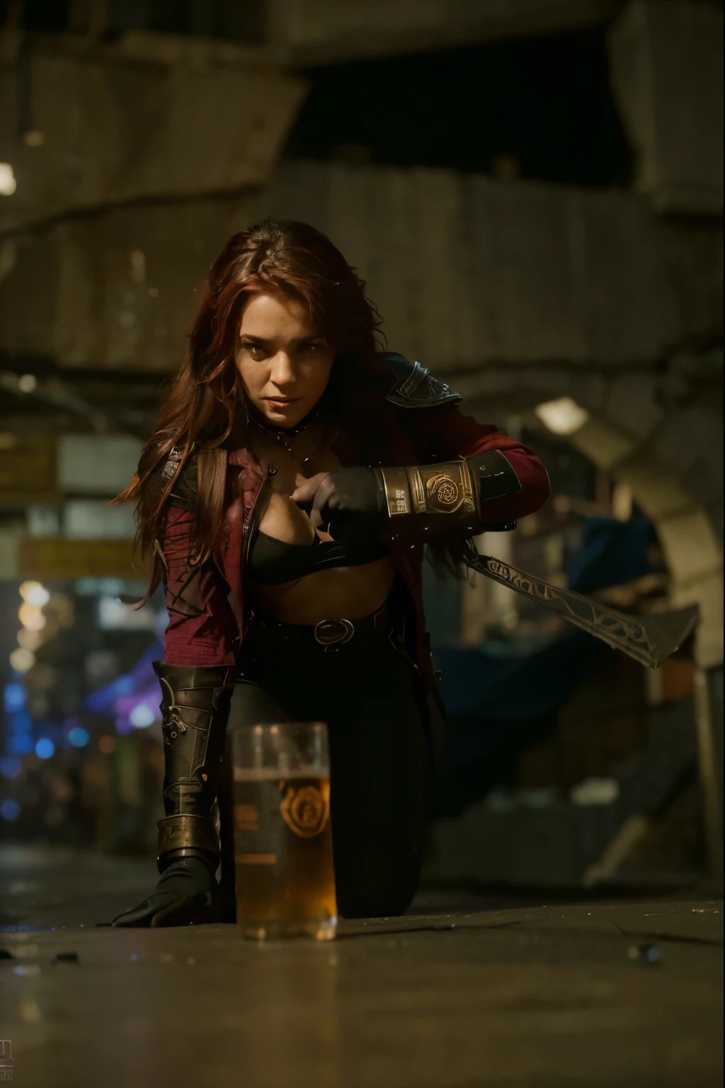 (Best quality, 8k, 32k, Masterpiece, UHD:1.2), (Best quality, 8k, 32k, Masterpiece, UHD:1.2), "Generate an image depicting the gritty cityscape of Noxus, drawing inspiration from the 'Arcane' animated show where science fiction technology intersects with magic. Show the city's towering skyscrapers juxtaposed against ancient, crumbling architecture, reflecting the clash between progress and tradition.
Incorporate elements of advanced technology seamlessly integrated with magical constructs, such as holographic displays powered by arcane energy, hovering vehicles propelled by magical propulsion systems, and neon lights glowing with ethereal energy.
Capture the bustling activity of the city streets, with crowds of diverse inhabitants moving through narrow alleys and bustling marketplaces. Show glimpses of everyday life in Noxus, from merchants hawking their wares to criminals lurking in the shadows, evoking the sense of a city teeming with both opportunity and danger.
Highlight the influence of powerful factions within Noxus, such as the ruling Trifarix and the enigmatic Black Rose, with imposing structures and symbols of authority scattered throughout the city. Include subtle nods to the lore of League of Legends, such as references to iconic champions or factions woven into graffiti and street art.
Use a bold color palette to convey the gritty and vibrant atmosphere of Noxus, with deep shades of red, purple, and black dominating the scene. Enhance the sense of dynamism and energy with dramatic lighting effects, casting long shadows and illuminating the cityscape with bursts of magical energy.
Ensure that the image captures the unique blend of science fiction and fantasy that defines Noxus in the 'Arcane' universe, inviting viewers to explore the rich tapestry of lore and intrigue that surrounds this iconic city."