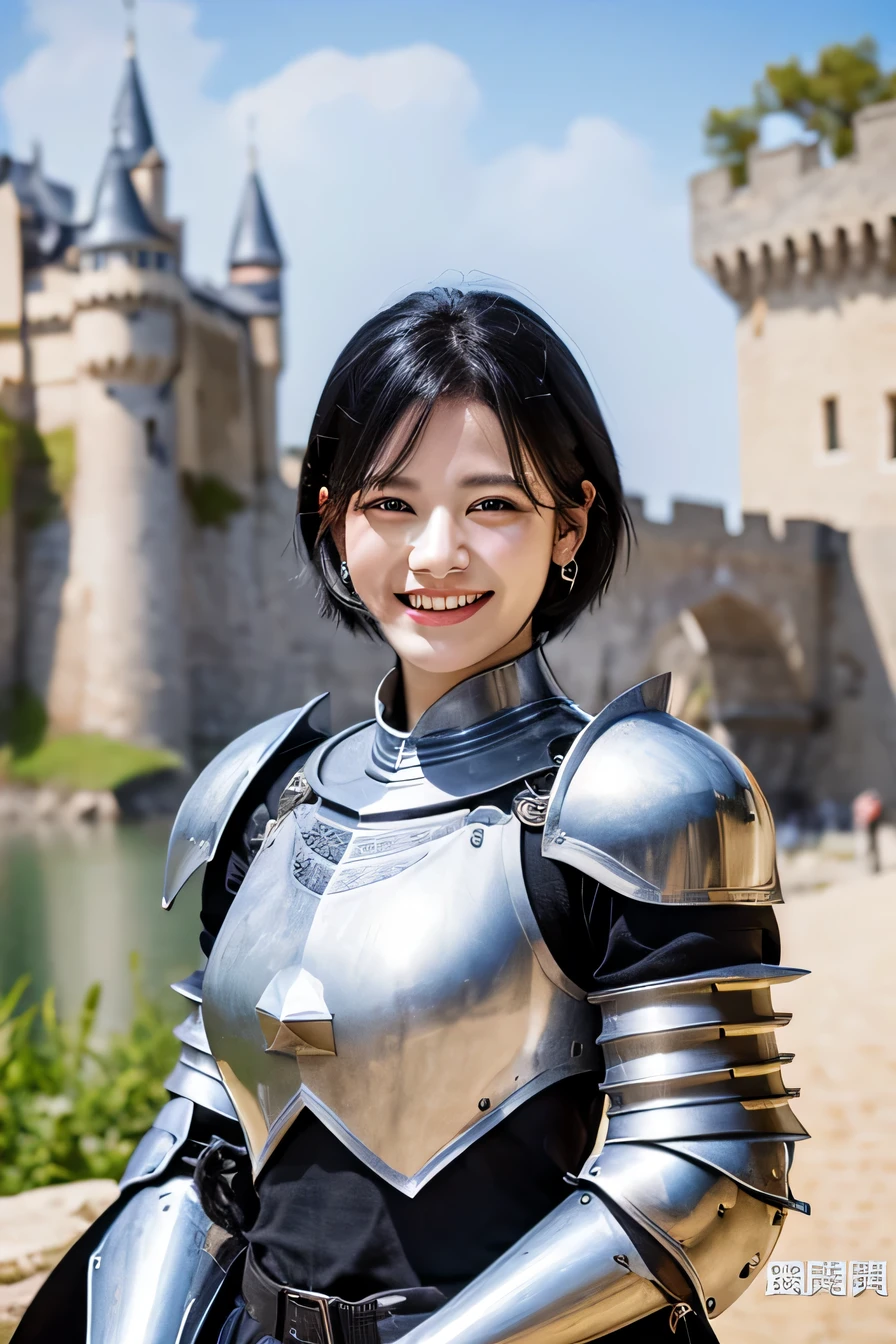 ８Ｋ、highest quality、female knight、The background is a castle、Luxurious Silver Armor、heavy equipment、black hair、hairstyle short cut、smile、beautiful teeth、full body photo、ear piercing