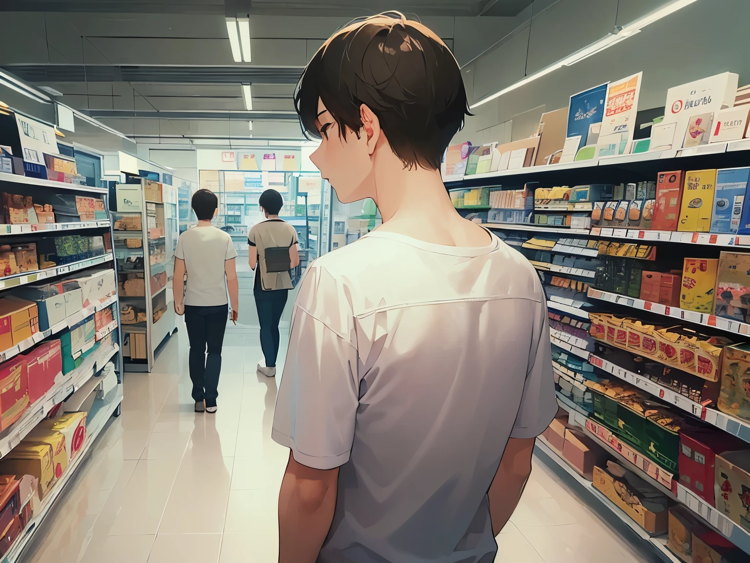 back view、shooting from behind、Upper Body, Realistic, real person, RAW photo, photorealistic, portrait photography, shining screen, masterpiece、highest quality、(25 year old male:1.5) and (brown short hair), wearing a plain white T-shirt、Are standing、The background is a supermarket、(Alone:1.5)