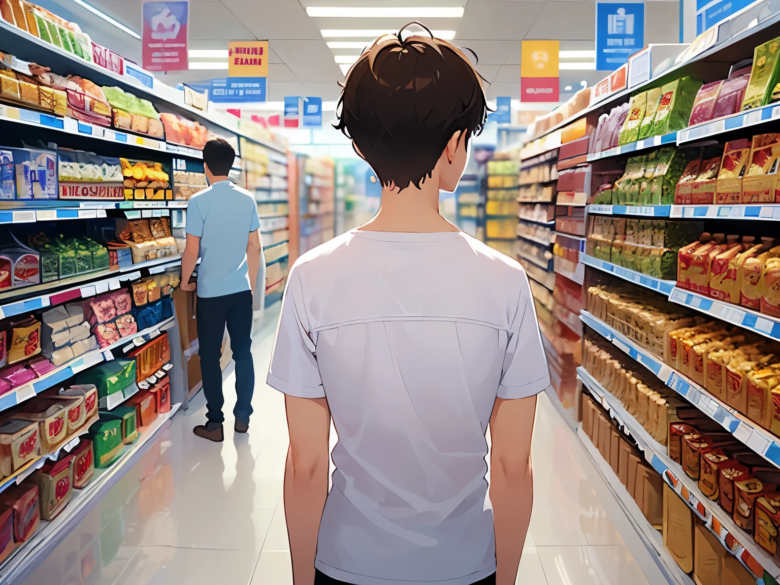 back view、shooting from behind、Upper Body, Realistic, real person, RAW photo, photorealistic, portrait photography, shining screen, masterpiece、highest quality、(25 year old male:1.5) and (brown short hair), wearing a plain white T-shirt、Are standing、The background is a supermarket、(Alone:1.5)