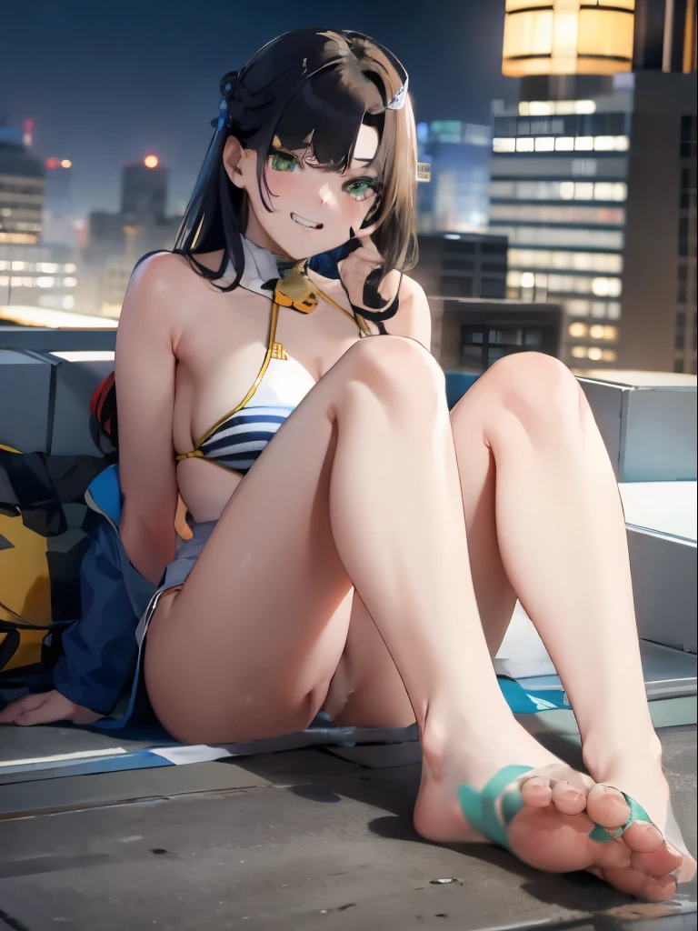 (masterpiece:1.2, highest quality), (real picture, intricate details), 1 female, alone, sitting, show your legs, feetを見せる, showing Boot sole, long hair, minimal makeup, Natural materials, close up of face, grin, mischievous face, Barefoot, カメラにfeetを向ける, bangs, Korean bangs, bangs on forehead, green eyes,big breasts, big , mature body, mature face, detailed face, correct feet anatomy, feetの解剖学, sexy feet, feetが視聴者を指している, feet, Boot sole, 詳細なfeet, correct feet anatomy, Boot sole, sitting,((nude)),Sit on the roof of a building
