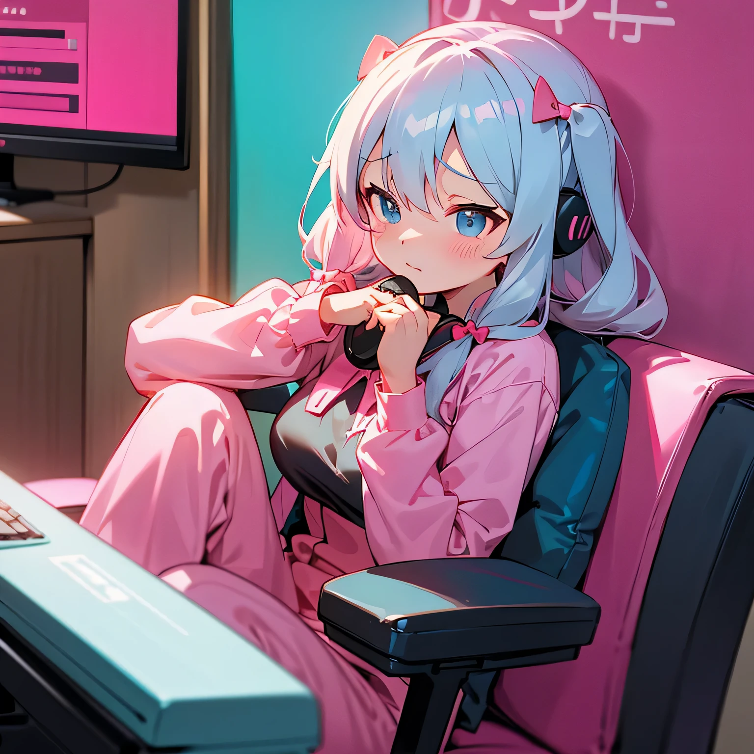 Use the character "Izumi sagiri" from eromanga sensei anime, background gaming setup, on the wall of the background add the word "IzumiGotBan@YT" looks relaxed while playing and sitting on her pink gaming chair, shes wearing headphones, 
