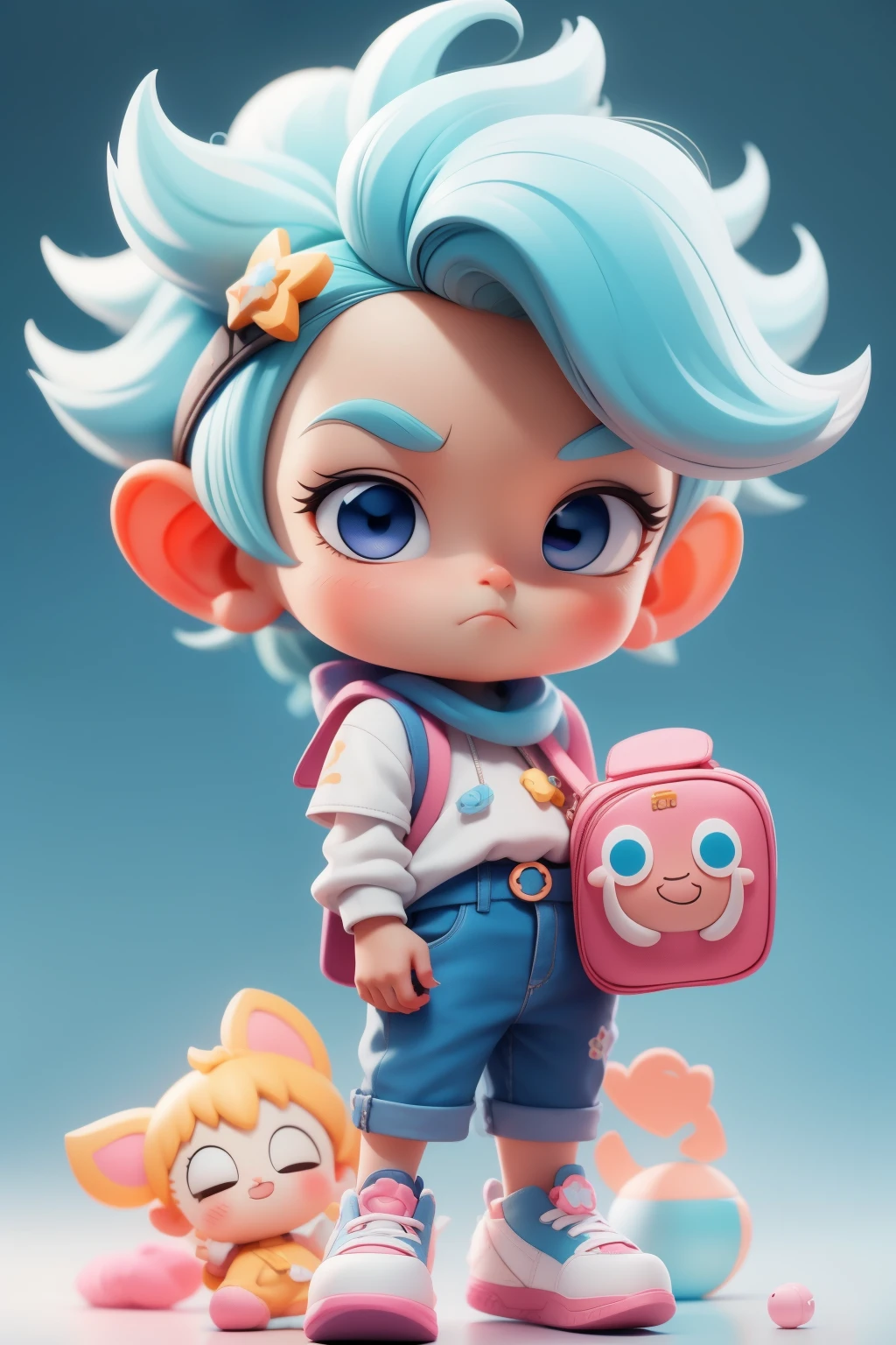 a super cute boy, whole body, Dreamy and cute hair accessories Popmart blind box, ip design, Clean and bright background 3D rendering, Overclocked rendering, 8K, soft focus, Fine gloss super detail--ar 3:6 50 --q 2 --niji 5 --style expression--s 2