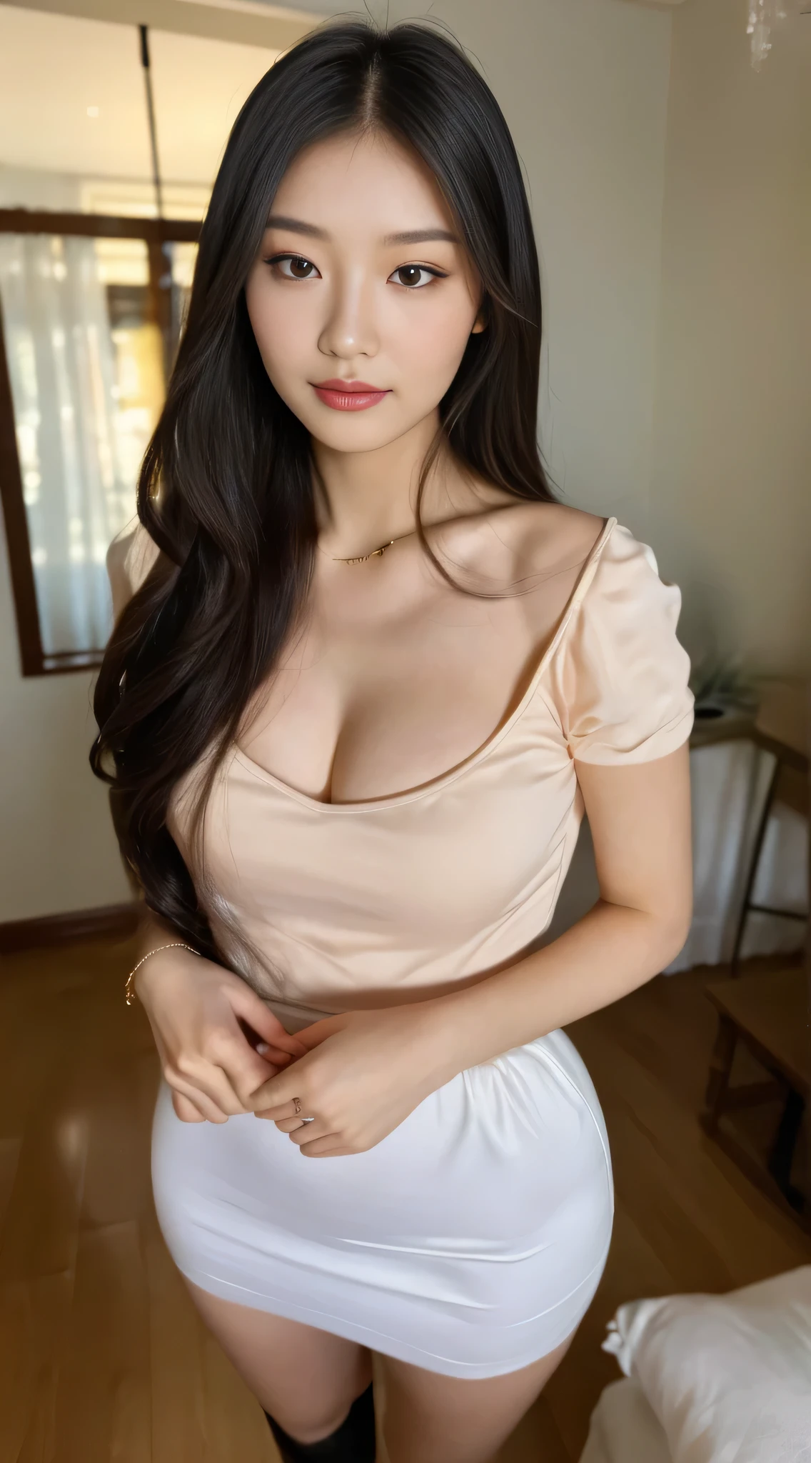 Superb, Masterpiece, Ultra High Quality, Realistic, Girl, (Beautiful Face 1.4), (Big, Constricted Waist), Long Hair, Indoors, Bokeh, Milight, Glossy Skin, Small Head, Sleeping with Two