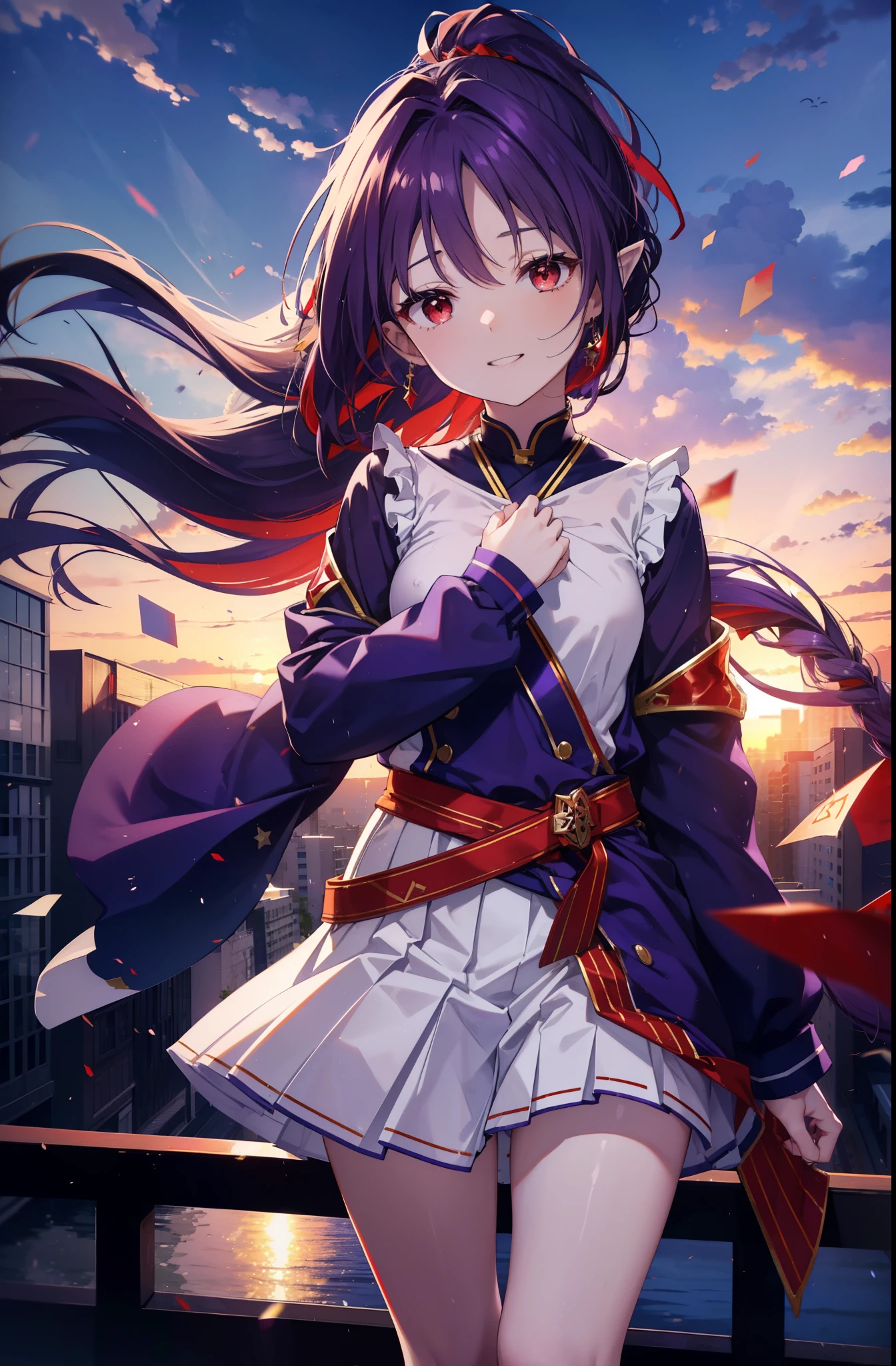 yuukikonno, Yuki Konno, hair band, long hair, pointed ears, purple hair, short braided hair,ponytail,(red eyes:1.5), (small breasts:1.2), happy smile, smile, open your mouth,purple sailor suit,Purple pleated skirt,white tights,brown loafers,Clothing around the waist,evening,sunset,下校中
break looking at viewer, Upper body, full body,
break outdoors, In town,building street,
break (masterpiece:1.2), highest quality, High resolution, unity 8k wallpaper, (figure:0.8), (detailed and beautiful eyes:1.6), highly detailed face, perfect lighting, Very detailed CG, (perfect hands, perfect anatomy),