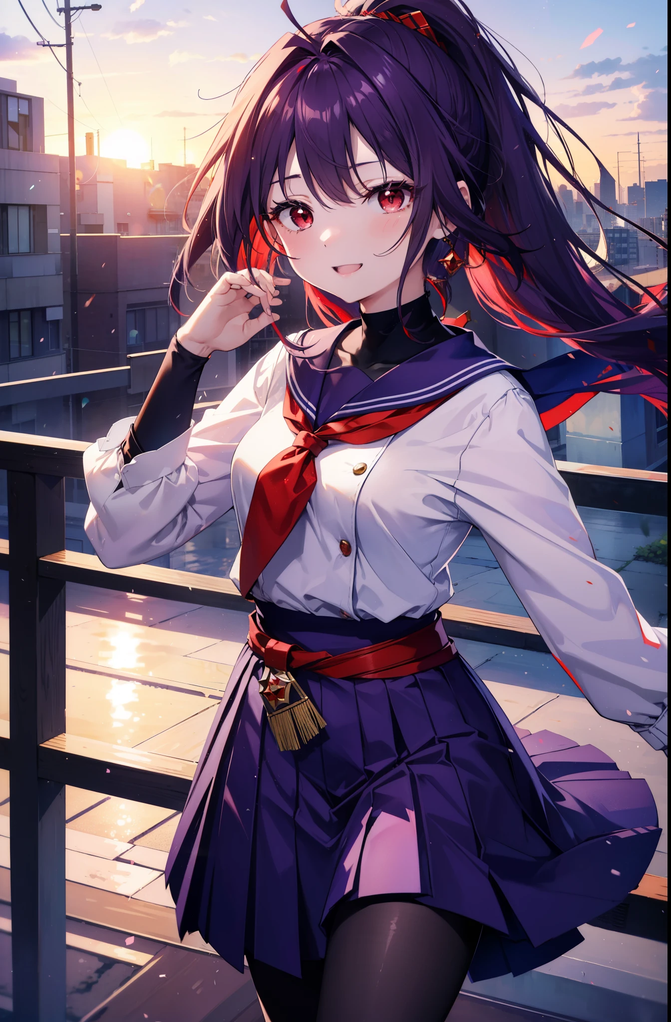 yuukikonno, Yuki Konno, hair band, long hair, pointed ears, purple hair, short braided hair,ponytail,(red eyes:1.5), (small breasts:1.2), happy smile, smile, open your mouth,purple sailor suit,Purple pleated skirt,white tights,brown loafers,Clothing around the waist,evening,sunset,下校中
break looking at viewer, Upper body, full body,
break outdoors, In town,building street,
break (masterpiece:1.2), highest quality, High resolution, unity 8k wallpaper, (figure:0.8), (detailed and beautiful eyes:1.6), highly detailed face, perfect lighting, Very detailed CG, (perfect hands, perfect anatomy),