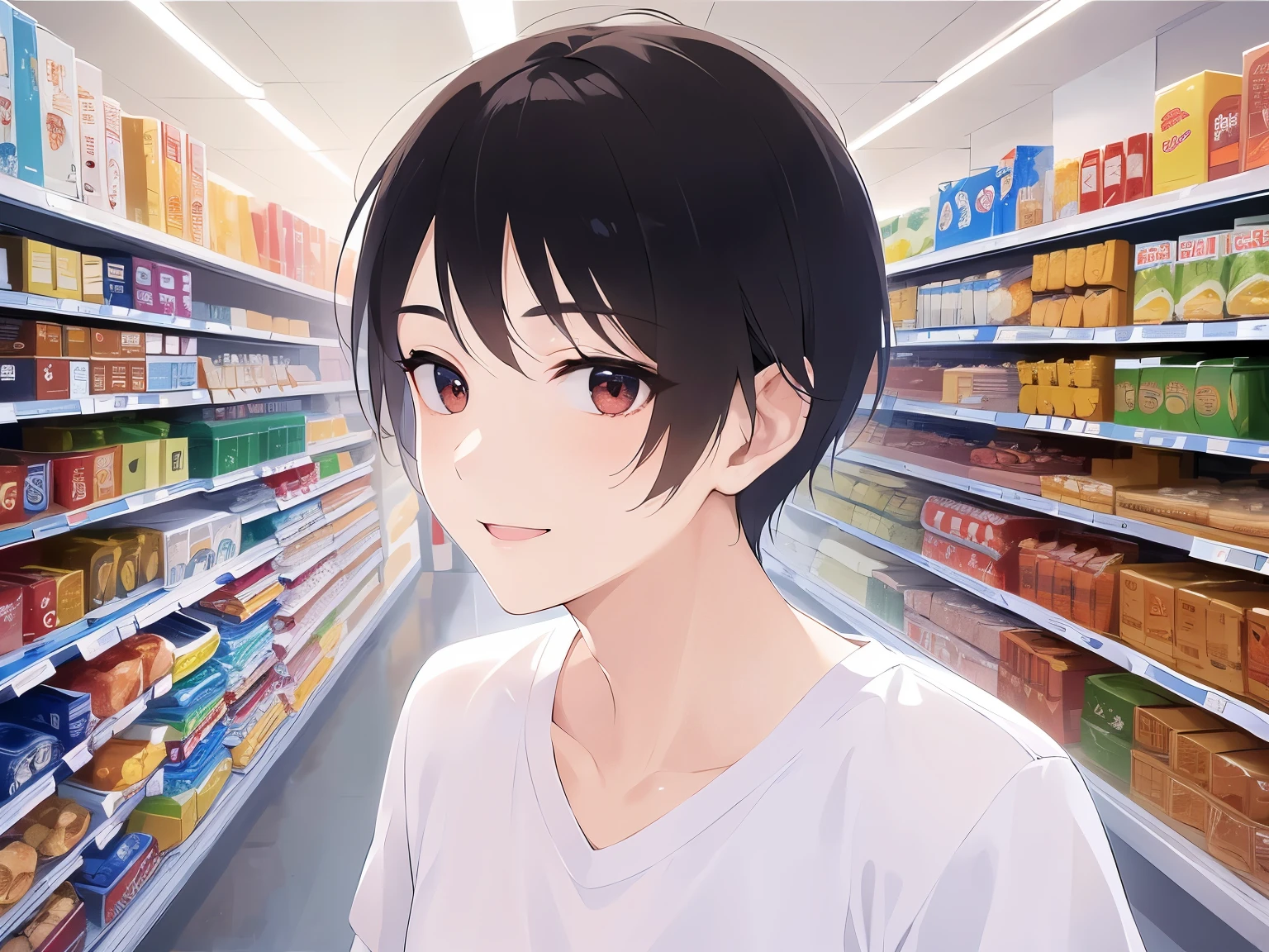 Upper Body, Realistic, real person, RAW photo, photorealistic, portrait photography, shining screen, masterpiece、highest quality、(25 year old male:1.5) and (brown short hair) and (red eyes), wearing a plain white T-shirt、Are standing、(smile:1.5)、open mouth, The background is a supermarket、(Alone:1.5)
