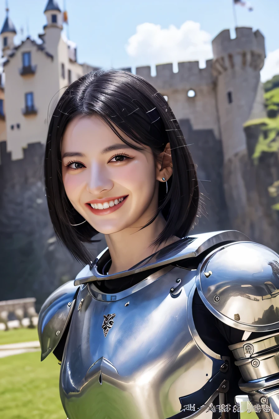 ８Ｋ、highest quality、female knight、The background is a castle、Luxurious Silver Armor、heavy equipment、black hair、hairstyle short cut、smile、beautiful teeth、full body photo、ear piercing