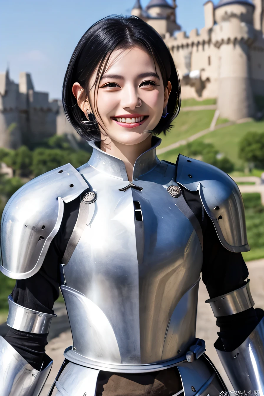 8K、highest quality、female knight、The background is a castle、Luxurious Silver Armor、heavy equipment、black hair、hairstyle short cut、smile、beautiful teeth、full body photo、ear piercing