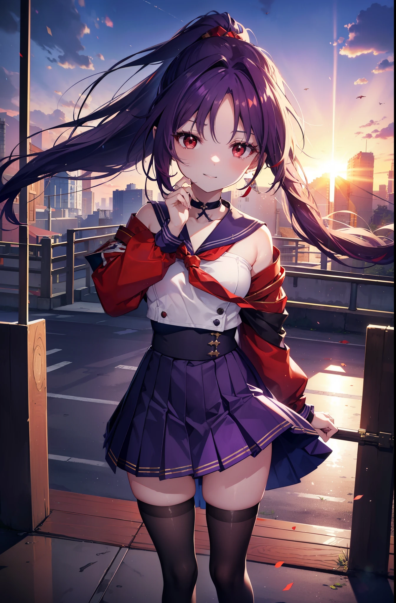 yuukikonno, Yuki Konno, hair band, long hair, pointed ears, purple hair, short braided hair,ponytail,(red eyes:1.5), (small breasts:1.2), happy smile, smile, open your mouth,purple sailor suit,Purple pleated skirt,white knee socks,brown loafers,,evening,sunset,下校中
break looking at viewer, Upper body, full body,
break outdoors, In town,building street,
break (masterpiece:1.2), highest quality, High resolution, unity 8k wallpaper, (figure:0.8), (detailed and beautiful eyes:1.6), highly detailed face, perfect lighting, Very detailed CG, (perfect hands, perfect anatomy),