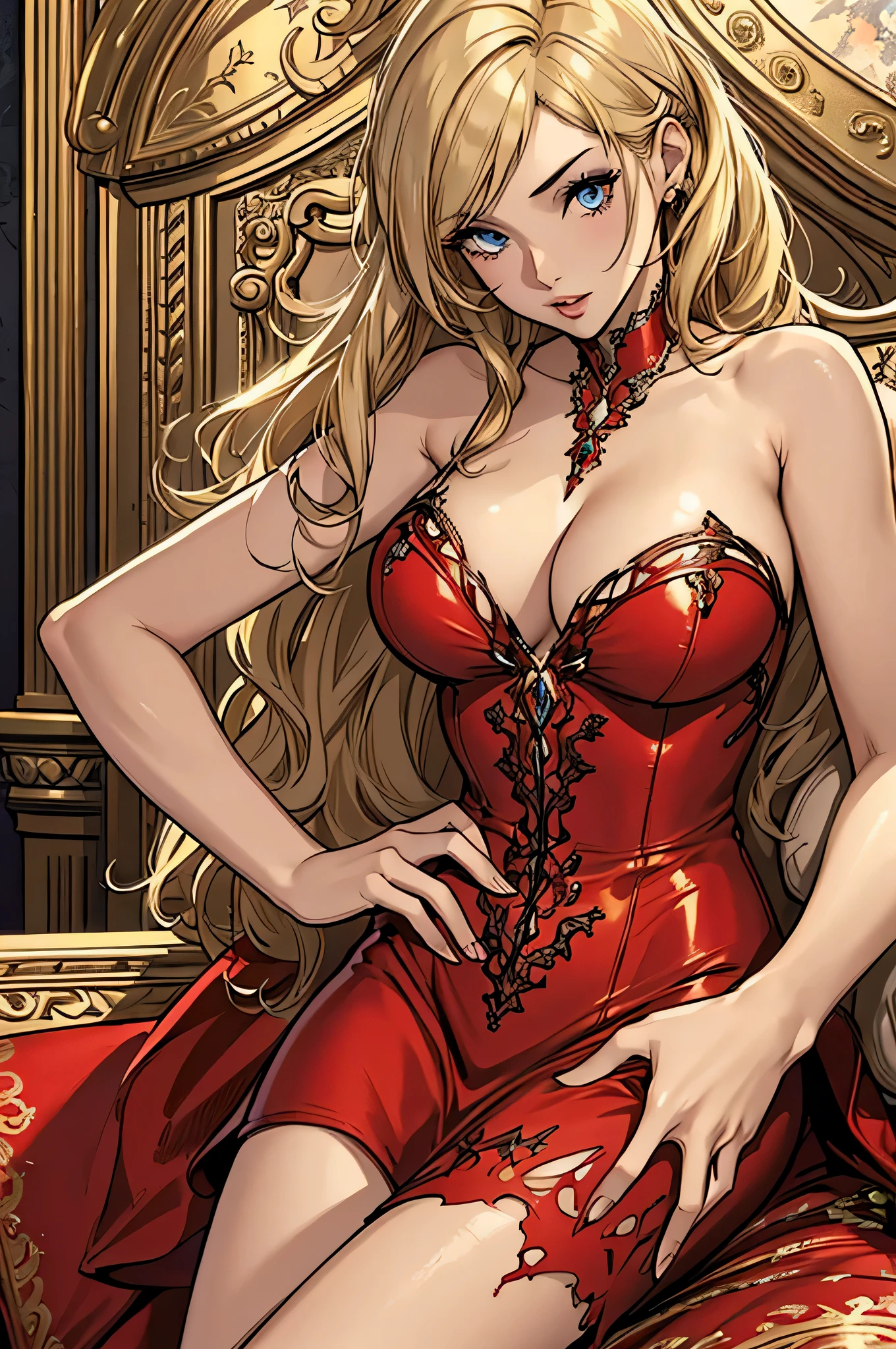 (masterpiece, top quality, best quality, official art, beautiful and aesthetic:1.2), young (1girl:1.3), (wearing torn red dress:1.3), (blonde:1.3) hair, long hair, (colorful eyes:1.3), extremely detailed, colorful, (highly detailed CG illustration), (looking at viewer), cinematic light, solo, half body, (character focus), ),Cath, extravagant makeup, full lips, sexy pose, clothes ASIDE , used condoms, partially naked, shiny skin, red lingerie