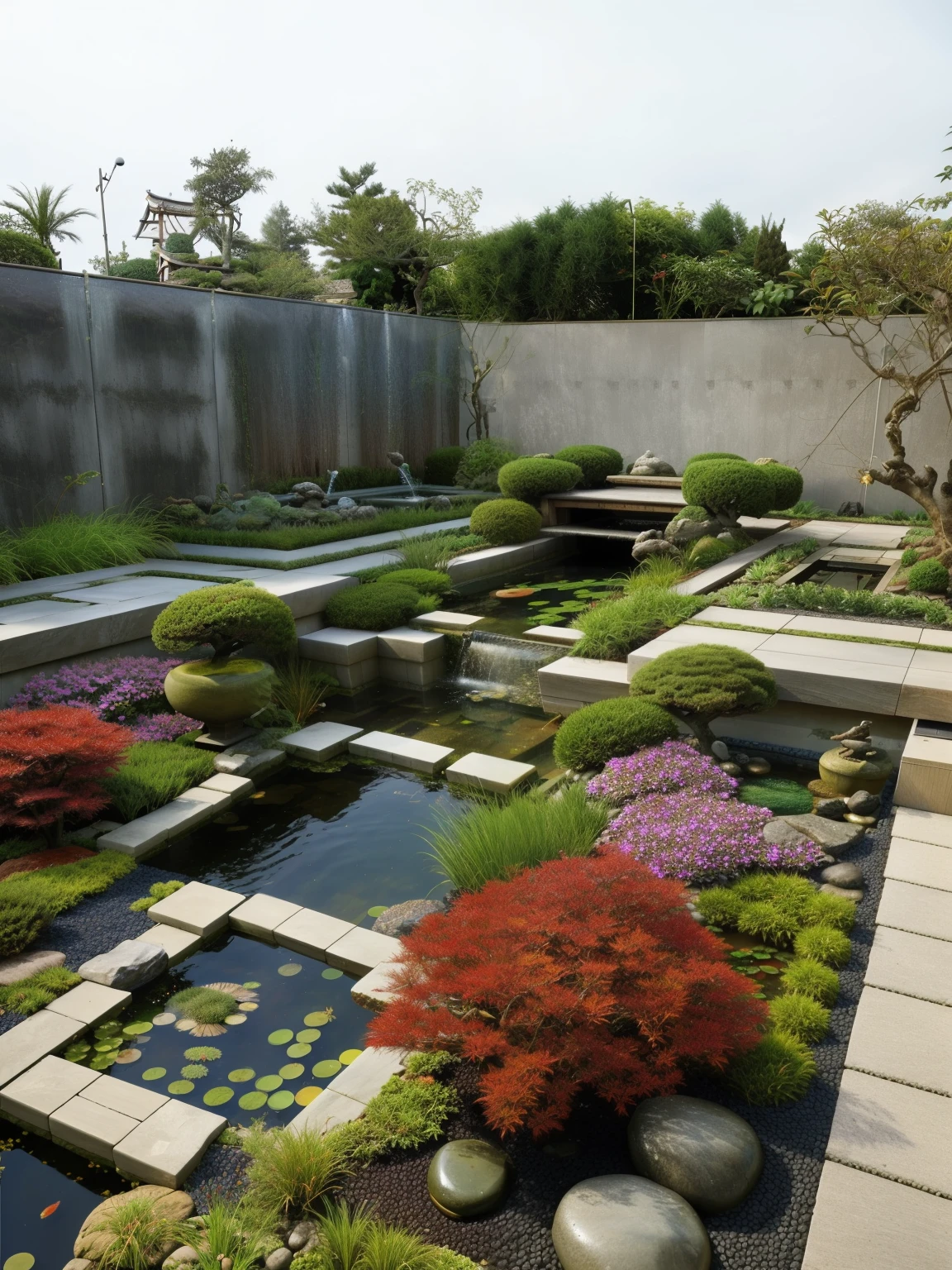 arafed view of a garden with a pond and a bridge, a picture by Ren Renfa, trending on cg society, happening, lush plants and bonsai trees, with a fishpond and courtyard, realistic garden, above lush garden and hot spring, wonderful masterpiece, japanese garden, manicured garden of eden, zen garden, gardens and fountains, garden environment, beautiful image