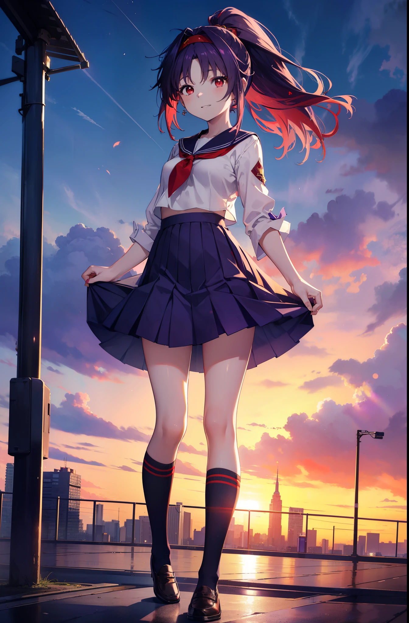 realistic, ultra high resolution, best quality, masterpiece, extremely delicate and beautiful girl, purple eyes, looking at viewer, slender legs, blushing, shy, (urban space, night, cinematic lighting), ((sailor collar, top short, neckerchief), microskirt, pleated skirt, high-leg panties, striped thigh-highs, rabbit ears, elbow-length gloves, boots, crotch point of view, focus on thigh)), (YaeMiko, yae sakura : 1.3), (photorealistic: 1.4), (ulzzang-6500-v1. 1:0.66),