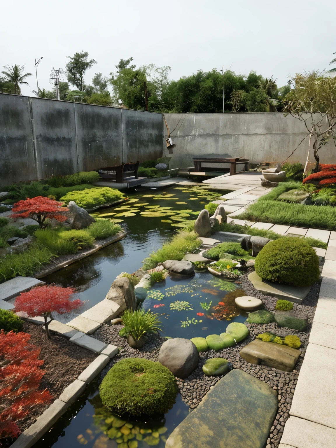 arafed view of a garden with a pond and a bridge, a picture by Ren Renfa, trending on cg society, happening, lush plants and bonsai trees, with a fishpond and courtyard, realistic garden, above lush garden and hot spring, wonderful masterpiece, japanese garden, manicured garden of eden, zen garden, gardens and fountains, garden environment, beautiful image