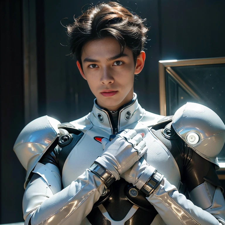 (masterpiece,high resolution,ultra - detailed:1.0),1(boy,robot boy),Perfect male body,Look at the camera,Delicate eyes and delicate face,Extremely detailed CG,Unity 8k wallpaper,Complicated details,solo person,Detailed face, (white futuristic skin tight body suit), (futuristic), (toned body with bulge) color difference, Depth of field,dramatic shadow,Ray tracing,Best quality, hands visible, white gloves