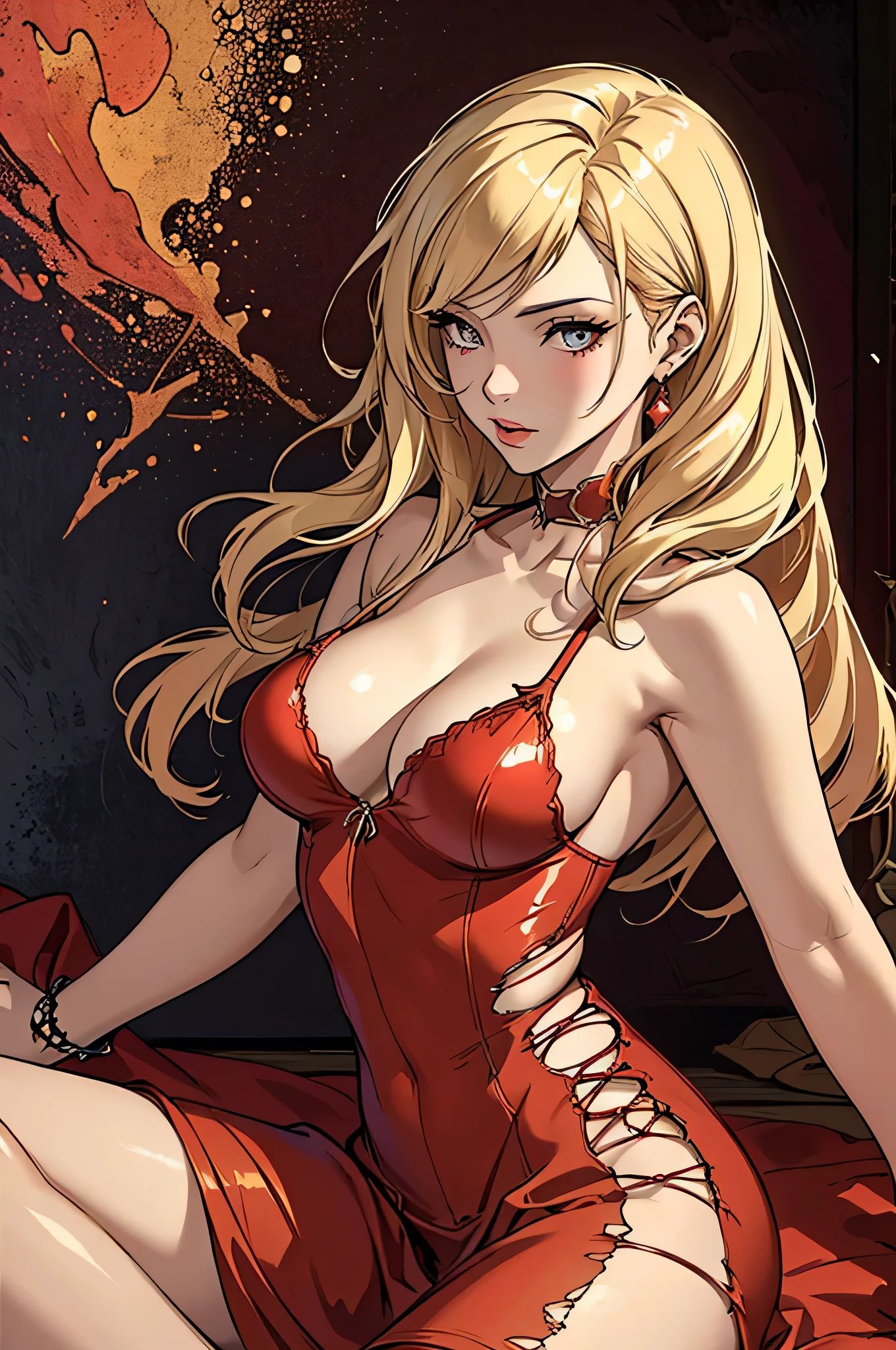 (masterpiece, top quality, best quality, official art, beautiful and aesthetic:1.2), young (1girl:1.3), (wearing torn red dress:1.3), (blonde:1.3) hair, long hair, (colorful eyes:1.3), extremely detailed, colorful, (highly detailed CG illustration), (looking at viewer), cinematic light, solo, half body, (character focus), ),Cath, extravagant makeup, full lips, sexy pose, clothes ASIDE , used condoms, partially naked, shiny skin, red lingerie