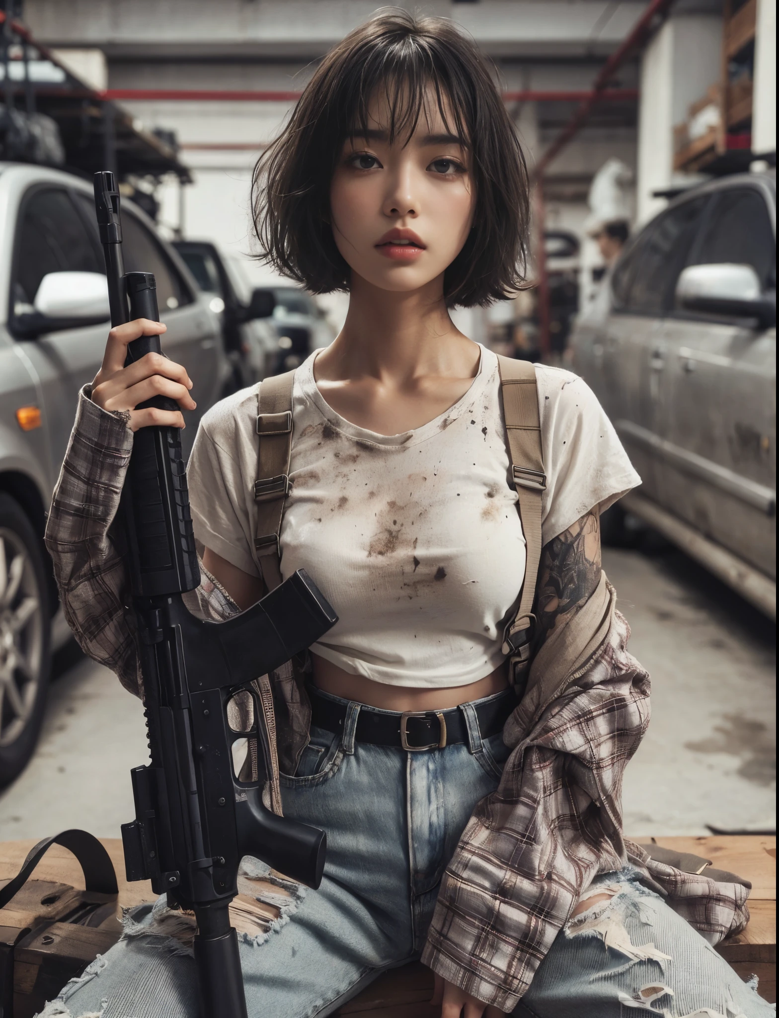 8K,Realistic Photo、Realistic Skin Texture、Superrealism、Japanese woman living in America、Operation、In a mid-sized American city、Old brick building、mortar、Loose Fit T-Shirt、Denim pants、Dirty sneakers、Hunting rifles、Dirty alley、Baseball Cap、Crouched in the bed of an old pickup、Natural pose、Innovative composition