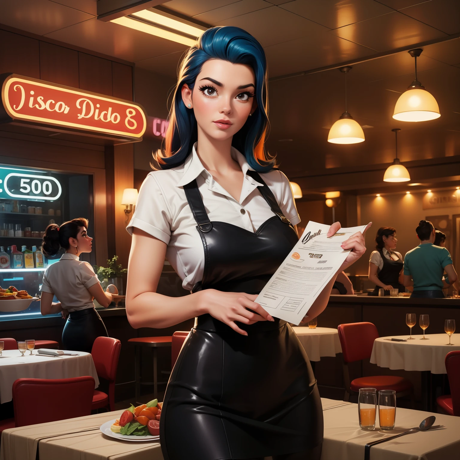 woman in apron holding a menu in a disco with discos in the background, wearing rr disco uniform, at a 5 0 s disco, indisco, ( waitress ) girl, in a 5 0 s disco, 5 0's disco, retro 50s style, disco scene, 50s style, 50s style, Retro poster mockup, disco，delicate face, Pretty face，Pompadour hair，vintage pin style, sexy, surprise, mini tight skirt, flowing skirt, orange skirt and cyan shirt color matching,