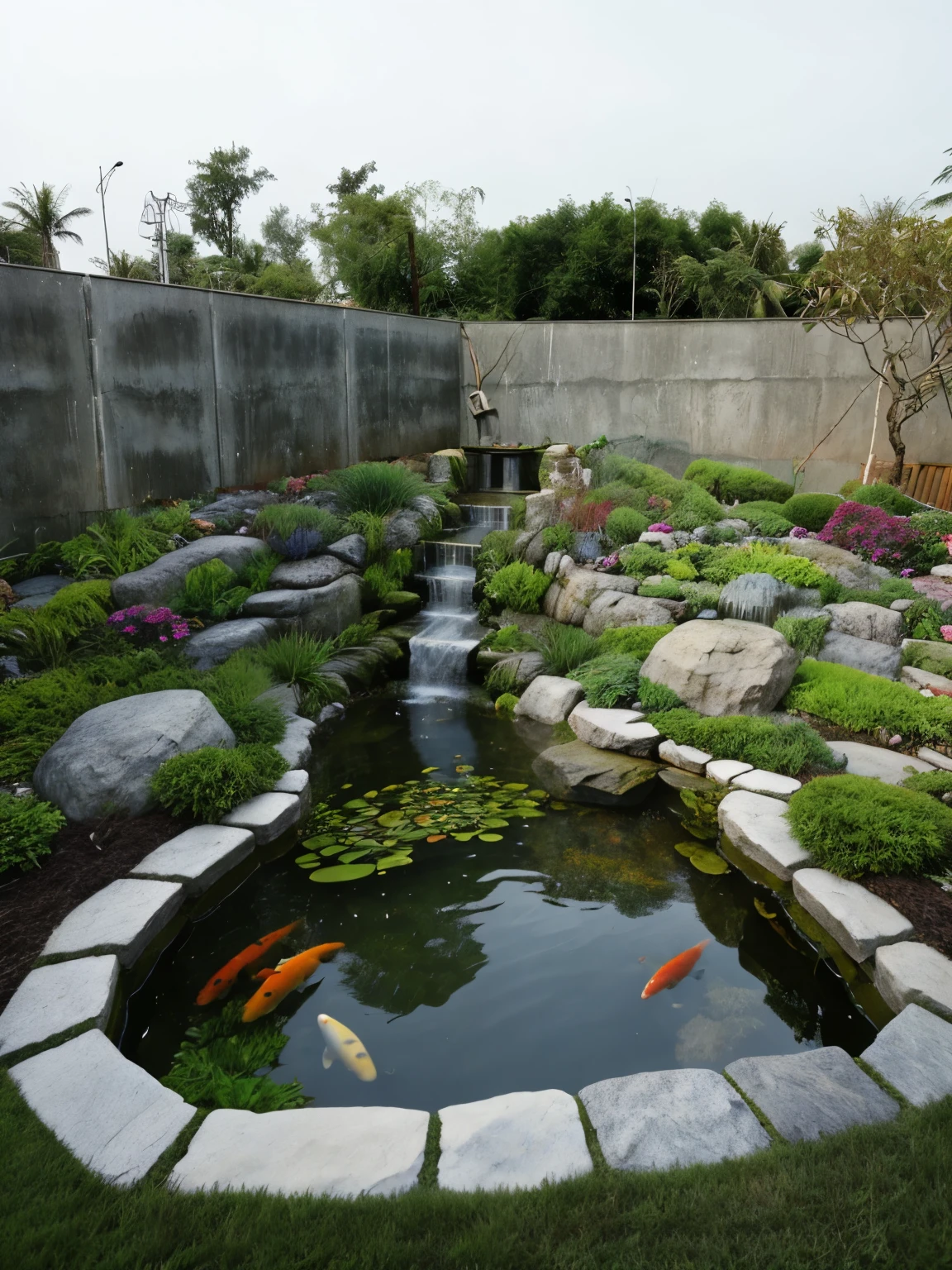 arafed garden with a pond and a waterfall and a waterfall, realistic garden, garden landscape, original and creative landscape, beautiful garden on background, garden environment, zen garden, koi pond, foto realistic, photorealistic detailed, very realistic effect, with a fishpond and courtyard, royal garden landscape, garden background, by Ren Renfa, pond landscape, garden pond scene