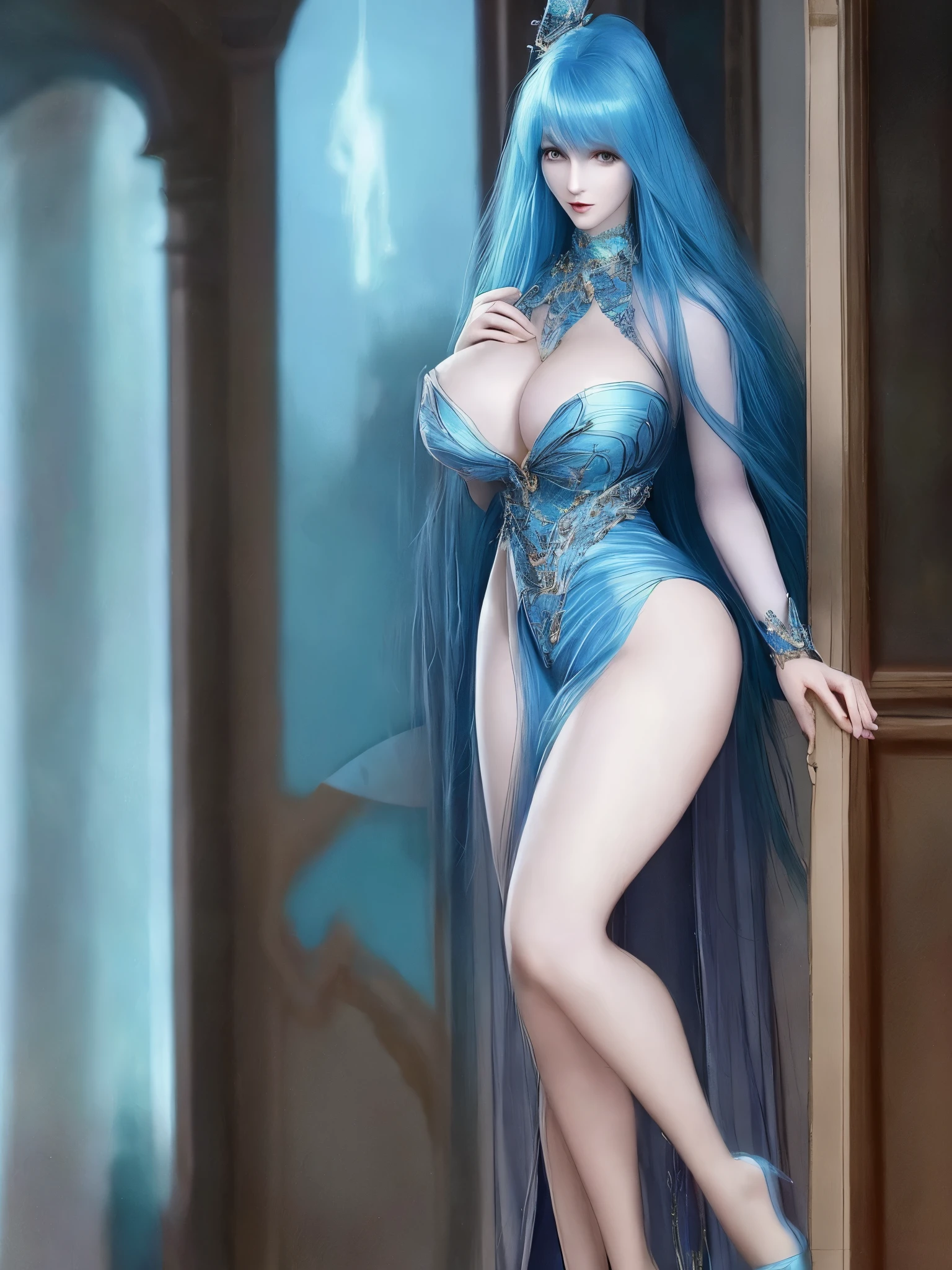 A tall beauty,Blue hair,Big breasts,very beautiful,Fairy spirit,jk,,long hair