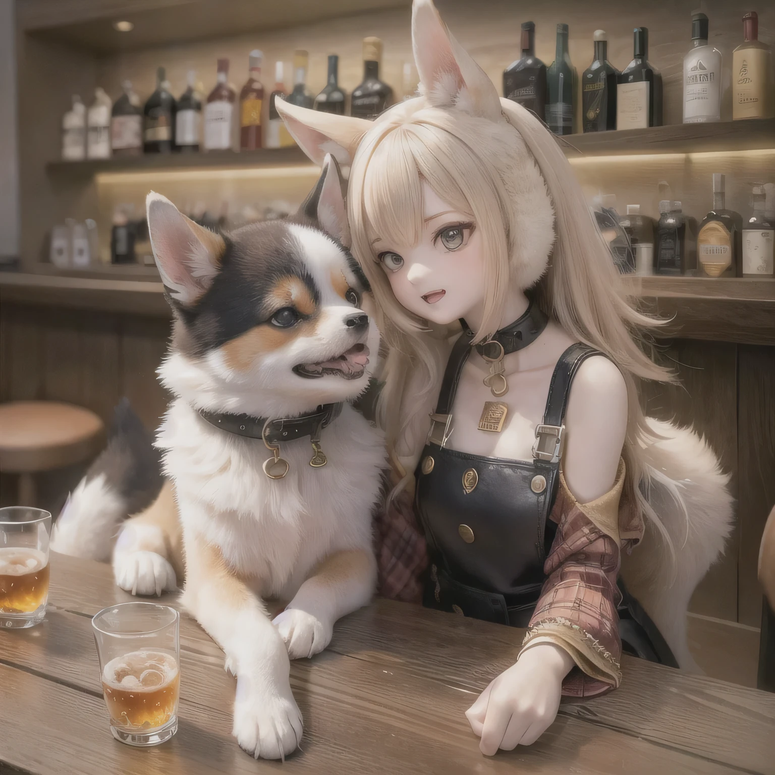 shiba inu girls drinking whiskey at the bar,illustration,detailed dog characters,best quality image,realistic lighting,vibrant colors,bar counter,fancy cocktail glasses,golden liquor bottles,patterned wallpaper,wooden bar stools,retro neon signs,upscale atmosphere,relaxing music,cozy dim lighting,blurred background lights,expressive facial expressions,lively conversations,playful interactions,subtle smoke,smooth fur textures,overflowing joy,artistic touch,wooden shelves filled with books,unique dog-themed artwork,happy memories,gentle and refined personalities,stylish outfits with cute accessories,whiskey-scented air,fun night out,memorable friendship,laughter in the air,heartwarming moments,whimsical energy