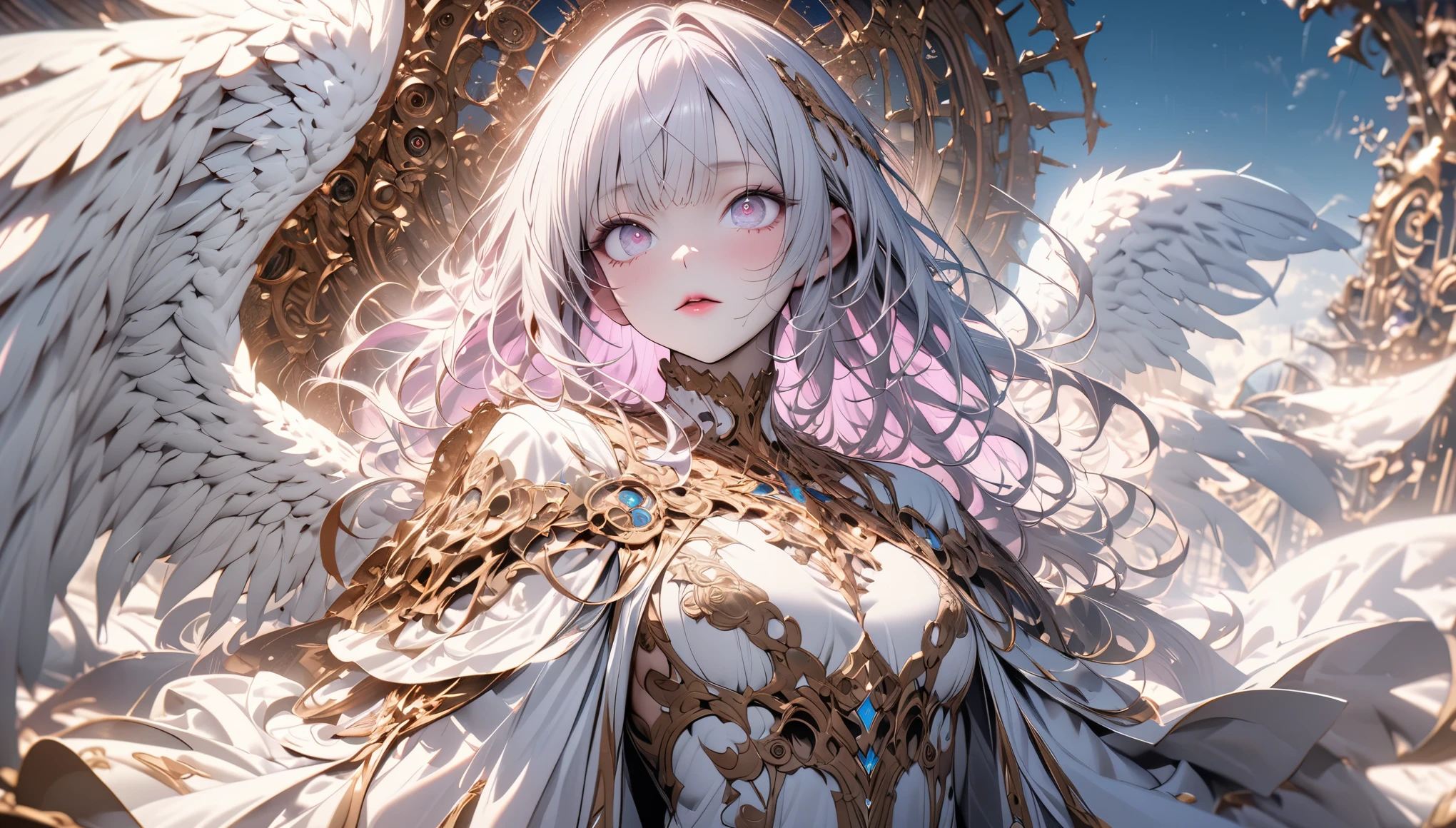 ((original photo)), ((masterpiece)), Anthropomorphic humanoid angel girl wearing white noble robe, intricate details, Intricate Gribbles Works, The sky behind, Pink, beautiful wings, Detailed eyes and lips