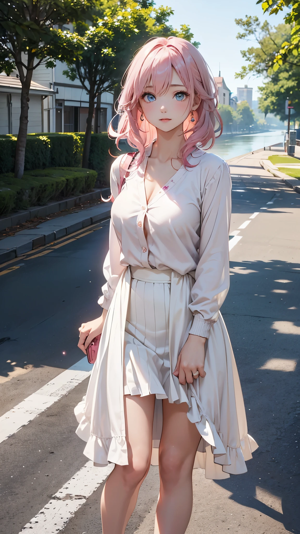 1 female、26 years old、pink hair、hair blowing in the wind、(very cute woman)、(Refreshing look)、stare into the distance、road along the river、white blouse、light yellow cardigan、Pale pink long skirt blue eyes、sparkling eyes、big bust、((from knees to head))、(transparent)、(pure)、