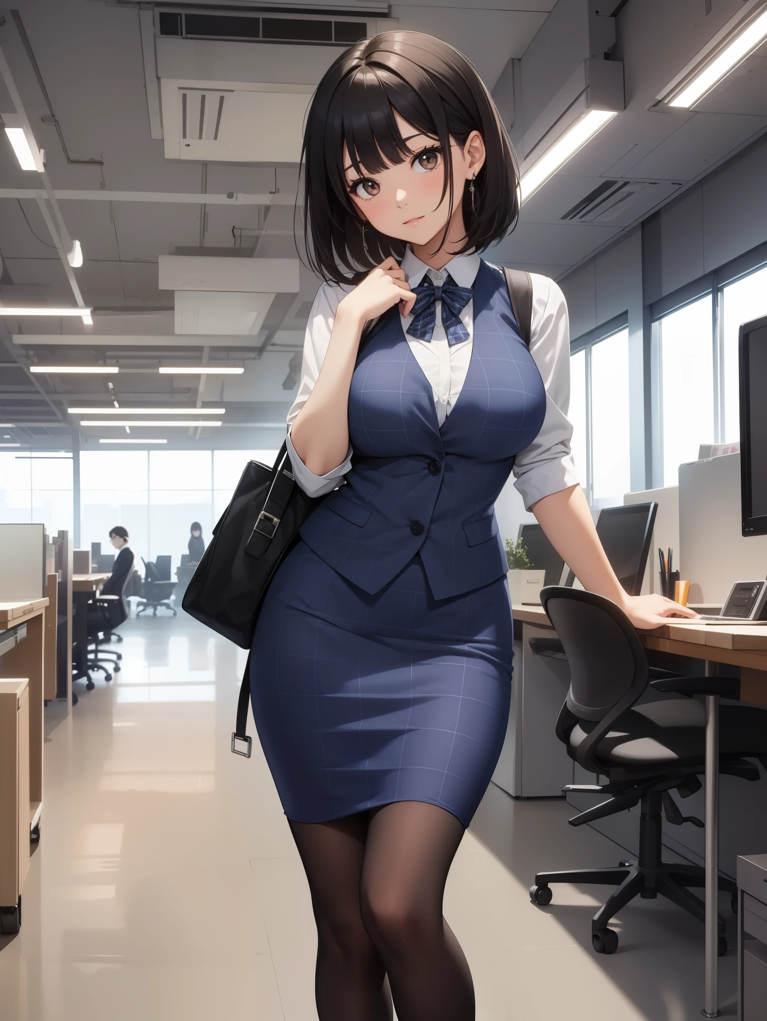 highest quality, debris flies、pretty woman、officeレディー、black hair、(brown eyes、big breasts、blunt bangs)、short hair、チェック柄のダークブルーのofficeスーツ)、new employee,full body shot、Female OL、break(checkered dark blue vest、white cutter shirt、Navy blue long tight pencil skirt:1.2)、(black tights、high heels)、break(office:1.3)