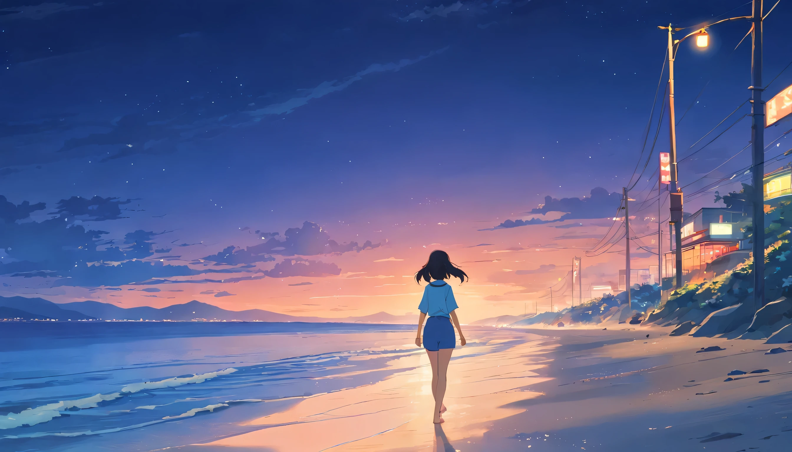 Girl with long hair walking barefoot on the beach, dream, please wear headphones, night light, analog color theme, lo-fi hip hop , retrospective, flat, 2.5D ,Draw a line, ink painting, Osaka road, watercolor painting, gouache color, studio ghibli style, very colorful, outerton, Krautlock, Lofiato,old texture, amplitude,Psychedelic atmosphere, masterpiece, Technology of Wonders,beautiful night view