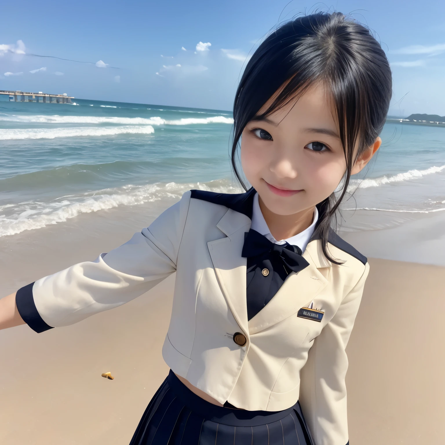 ((8K)),((Japanese)),(),(innocent face:1.5),girl,cute,uniform,blazer,Chak-patterned skirt,black hair,baby face、smile、beach、bright、kind、